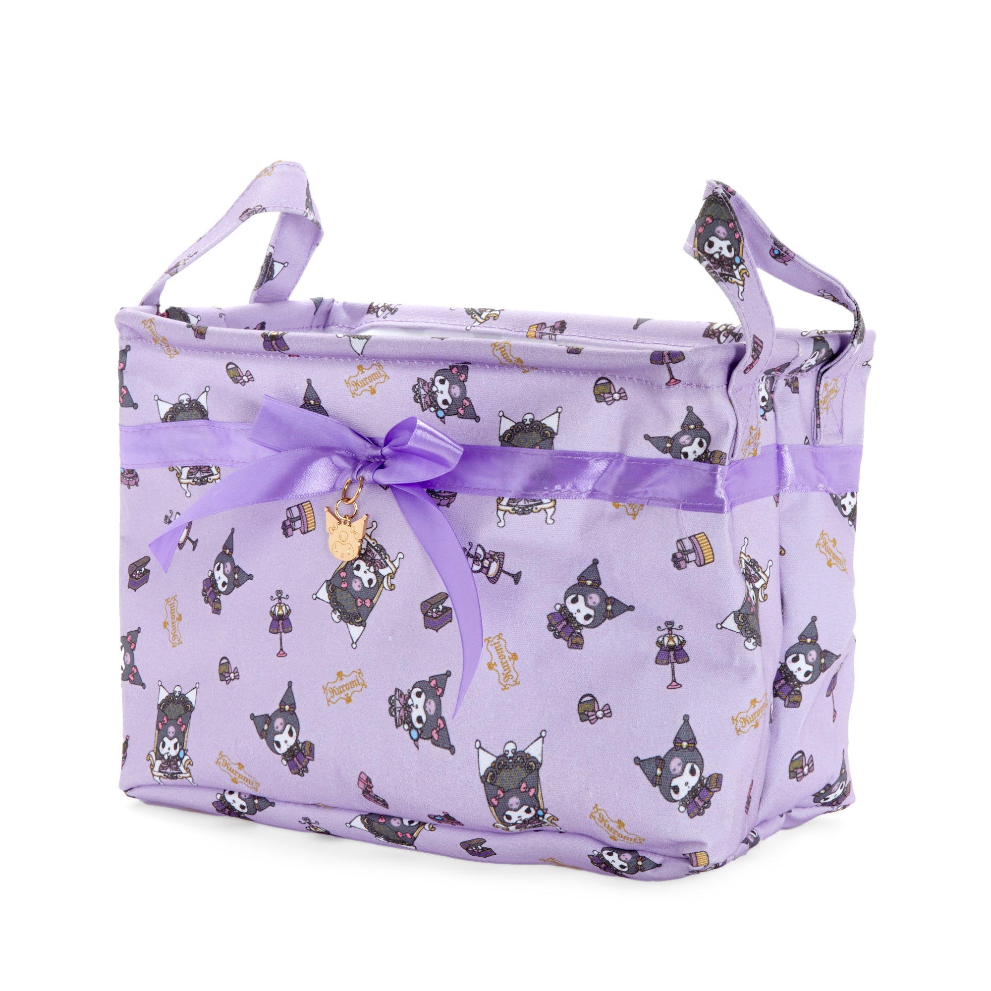 Front view of Kuromi fabric lidded storage box showing ribbon and charm details