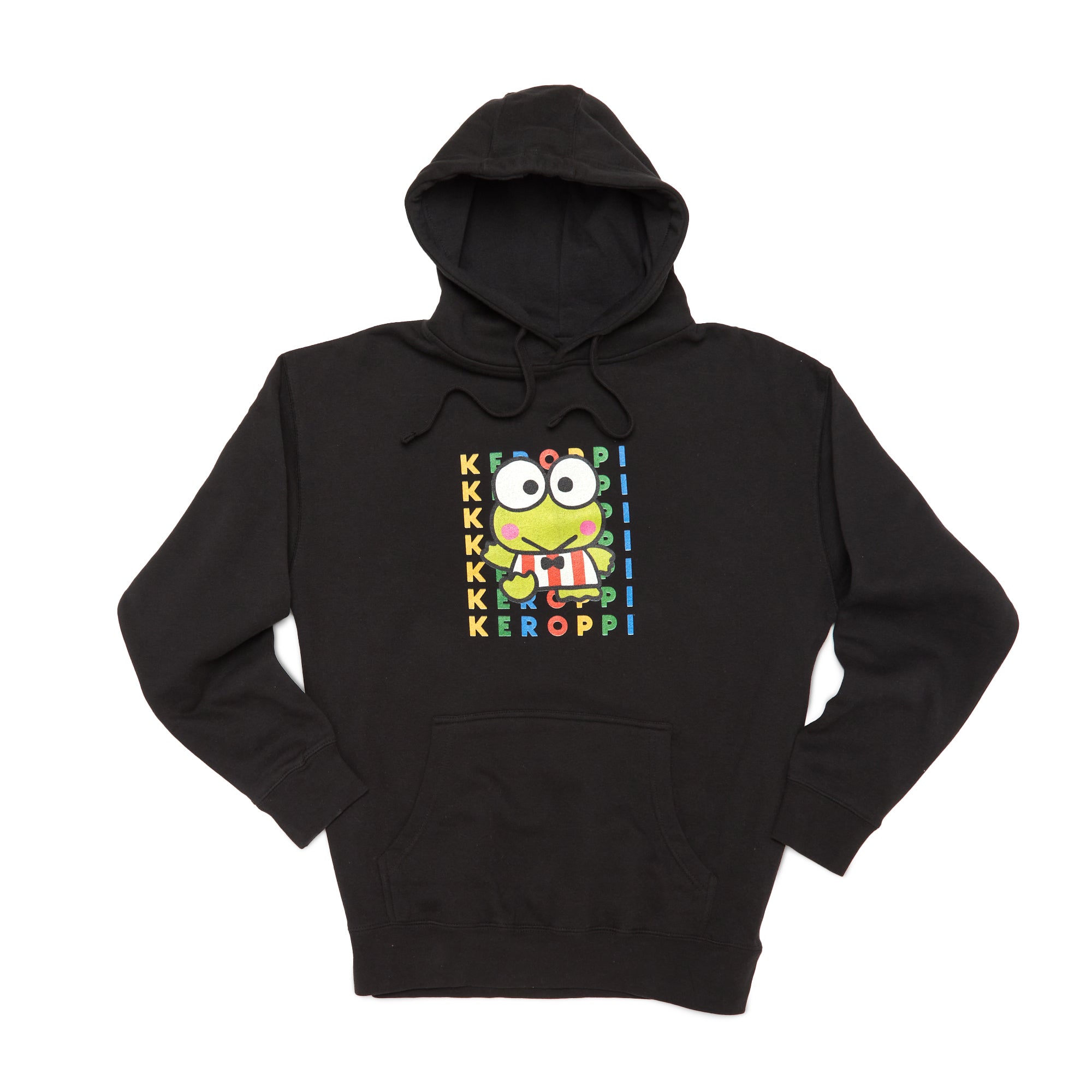 Keroppi cartoon hoodie front view, showcasing the colorful design and front pouch pocket.