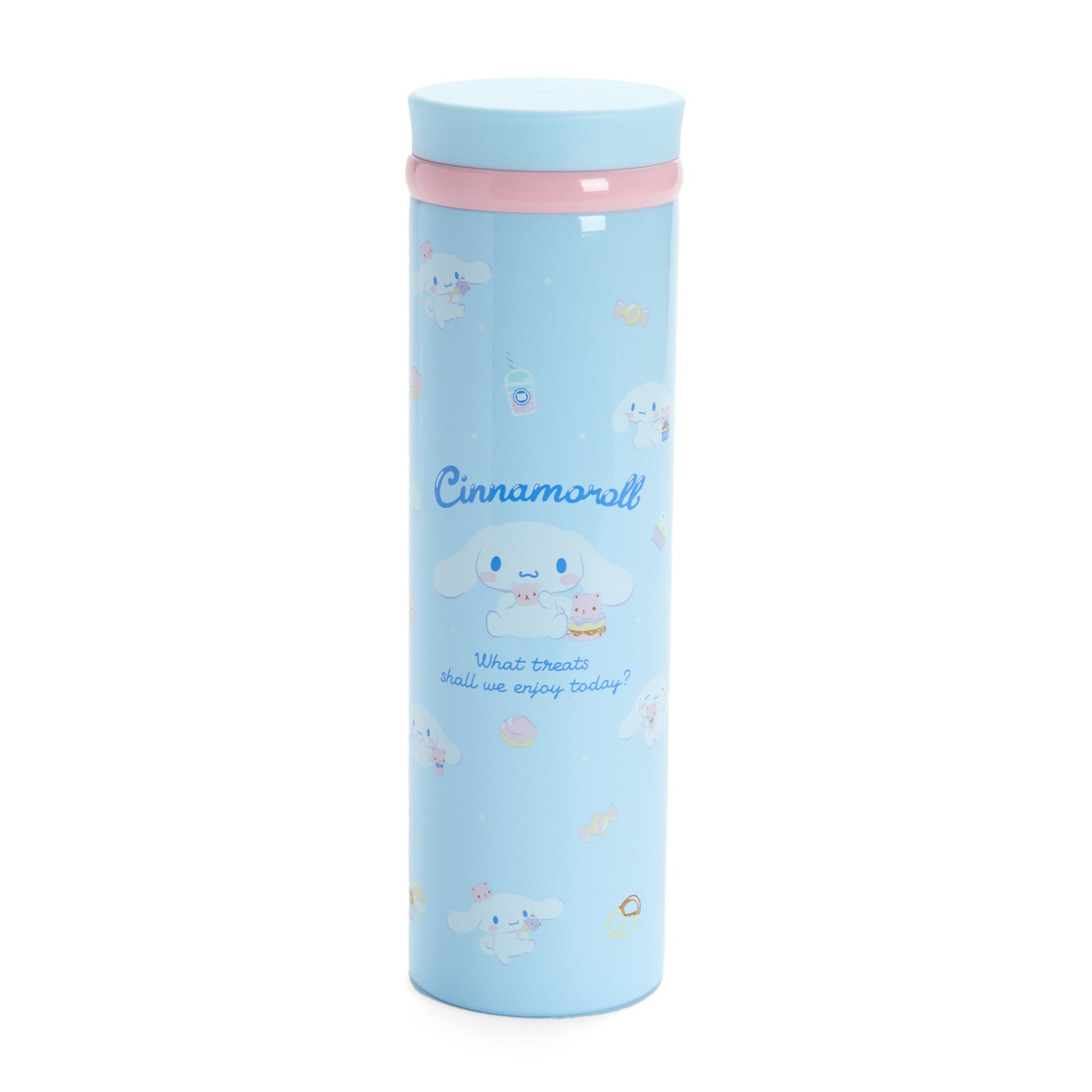 Front angle of Cinnamoroll stainless steel shaker bottle sitting on a desk.