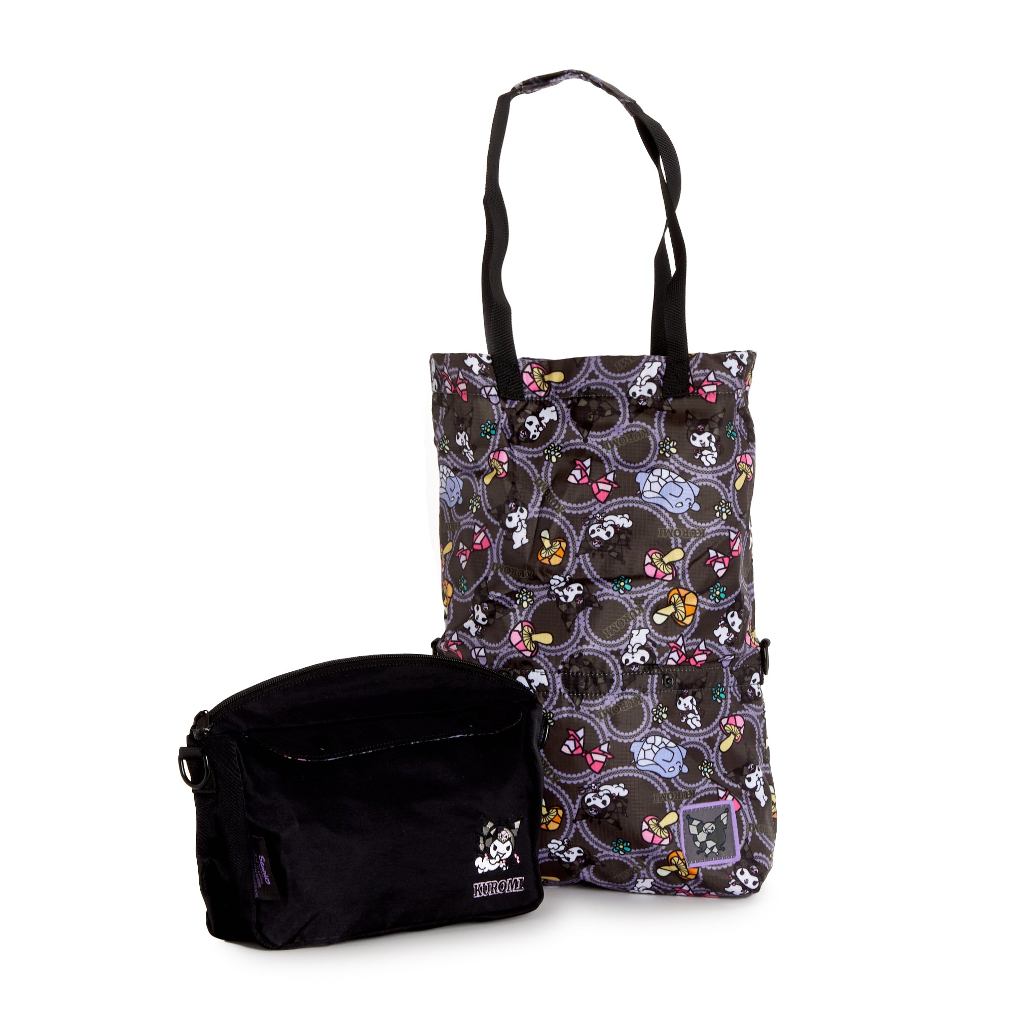 Kuromi shoulder bag displayed flat with adjustable strap