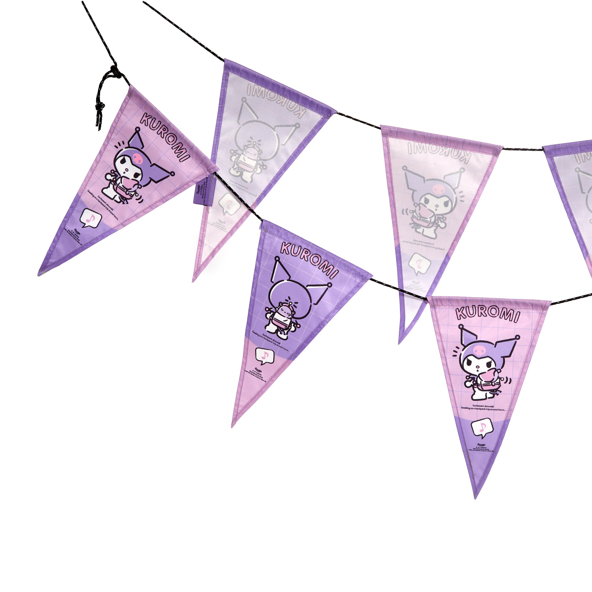 Two designs of Kuromi camping flags displayed at a campsite.