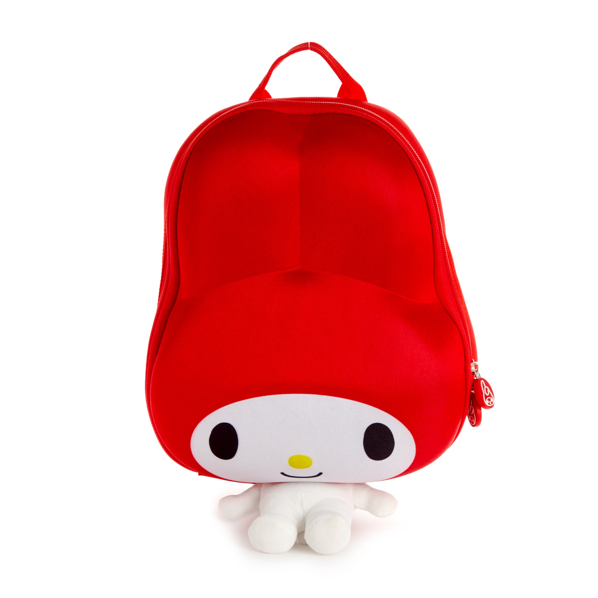 Front view of My Melody 3D backpack showing padded straps and character detail