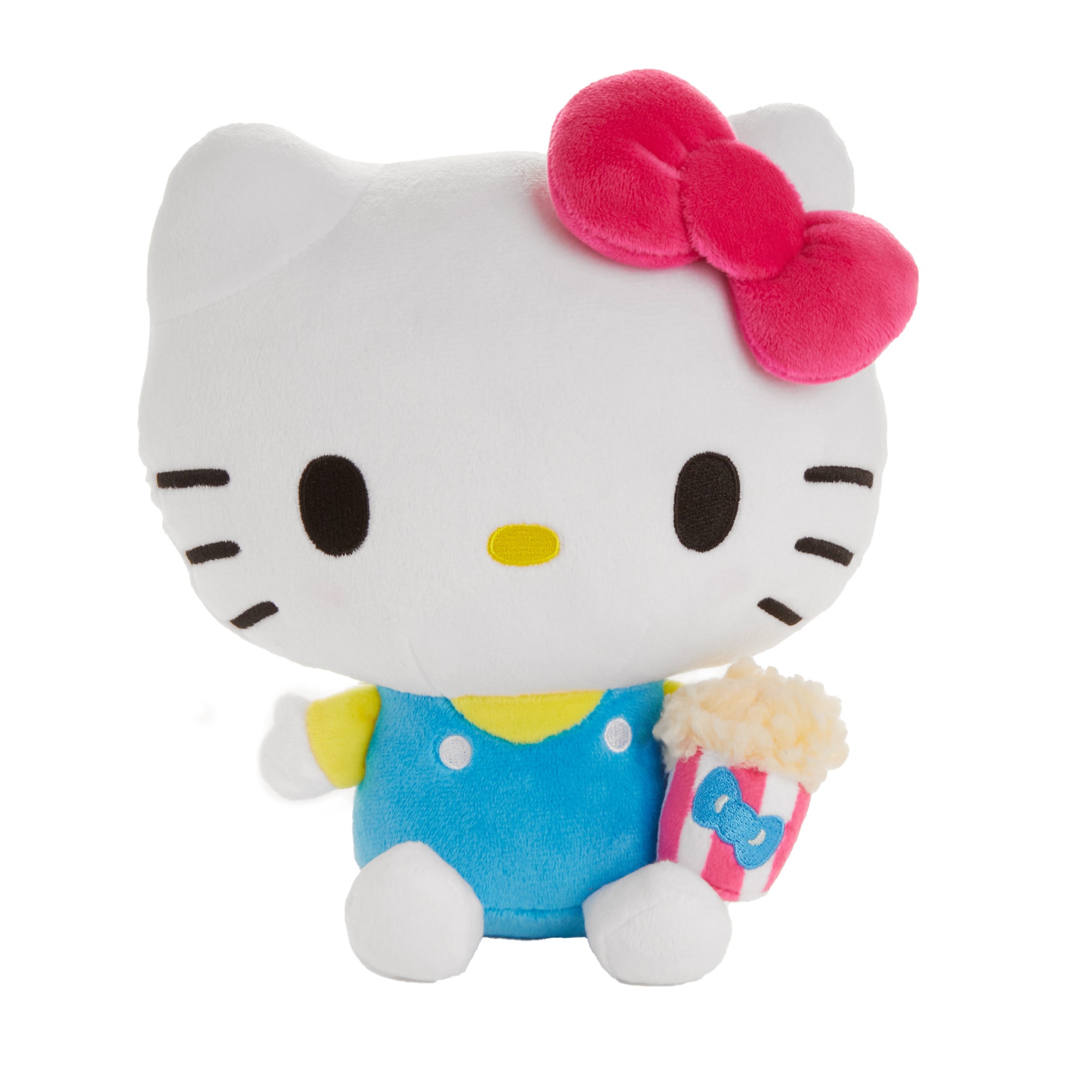 Front-facing Hello Kitty 8 inch plush with popcorn bucket and embroidered bow