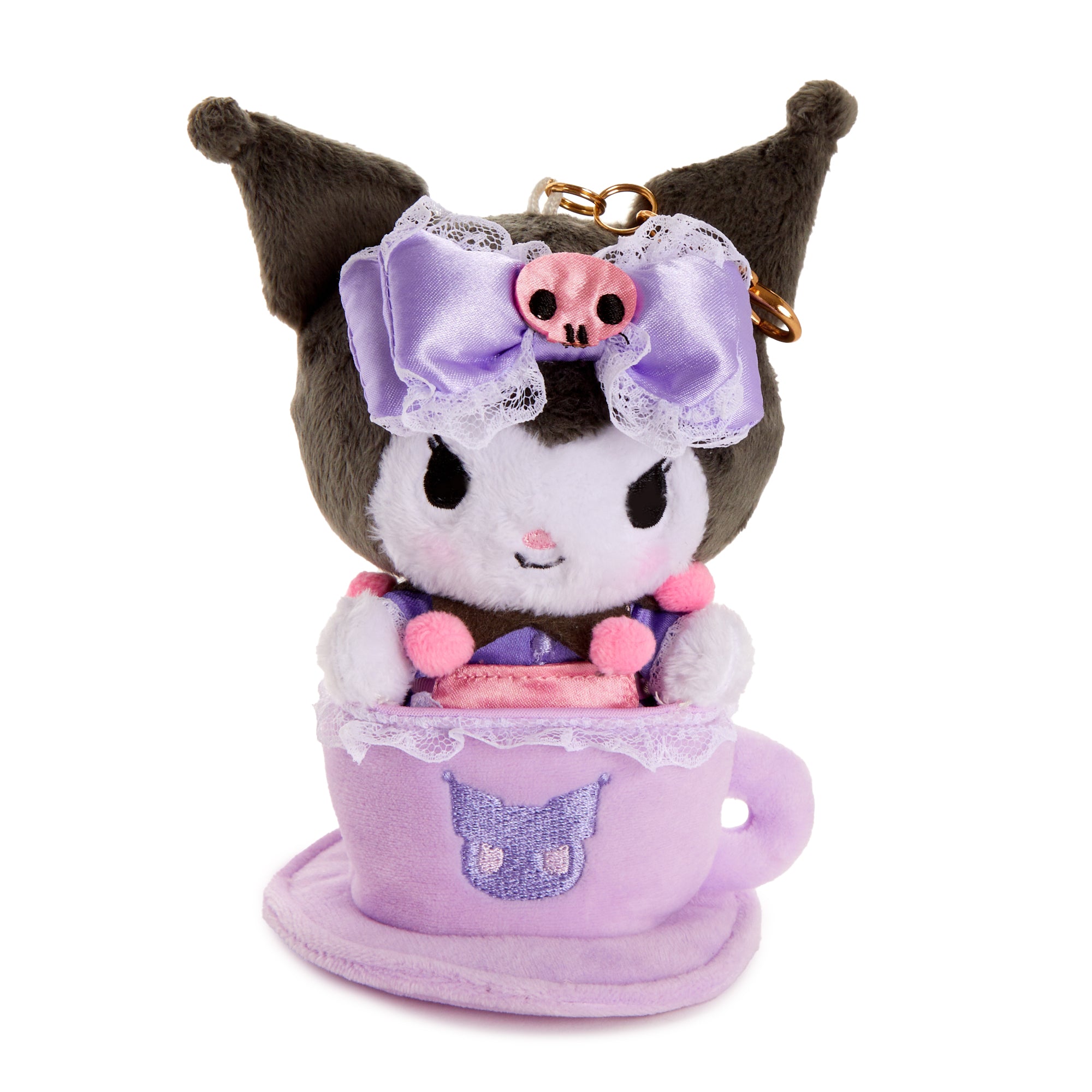 Kuromi plush mascot keychain hanging on a bag with detailed embroidery
