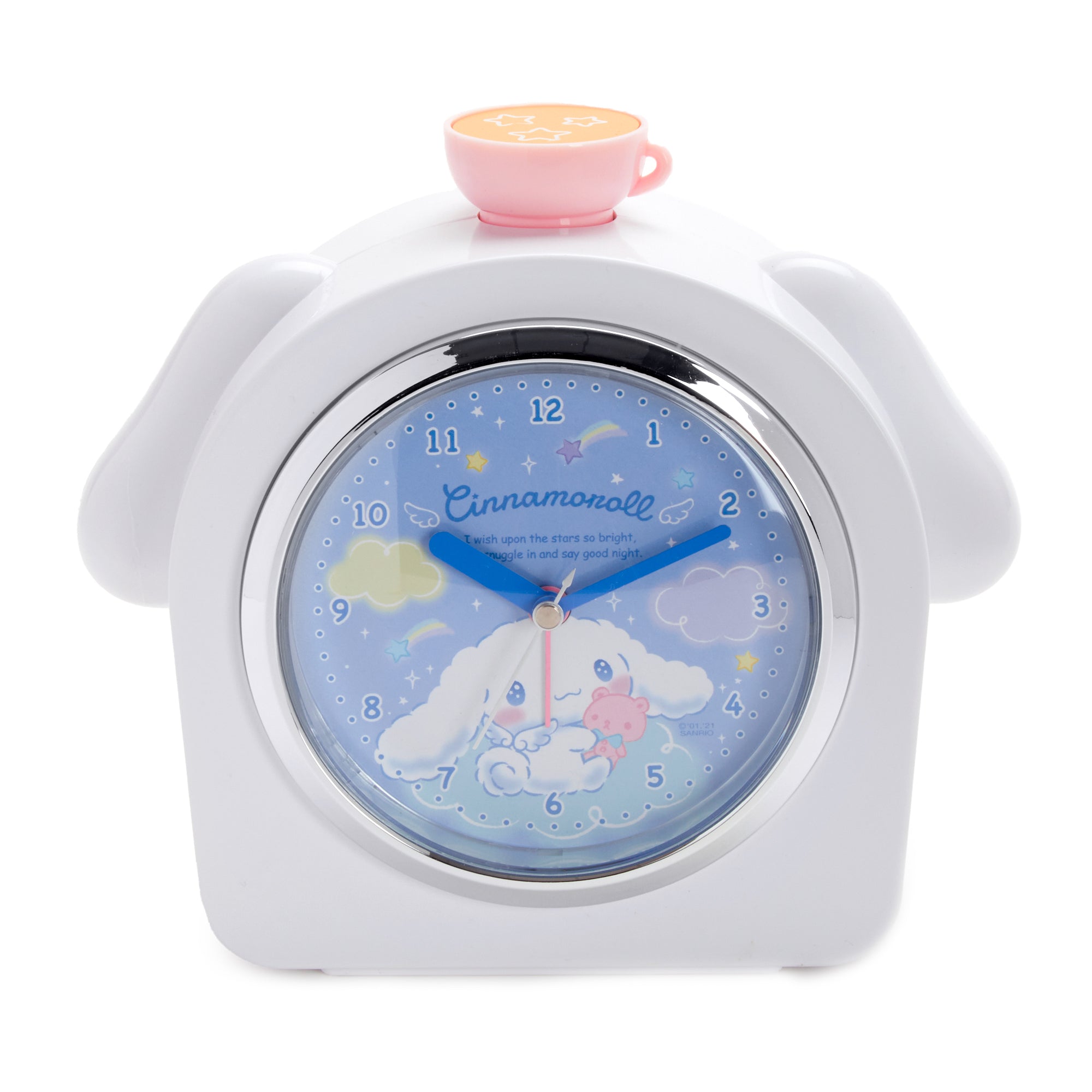 Front view of Cinnamoroll alarm clock showing ears, eyes, and latte snooze button