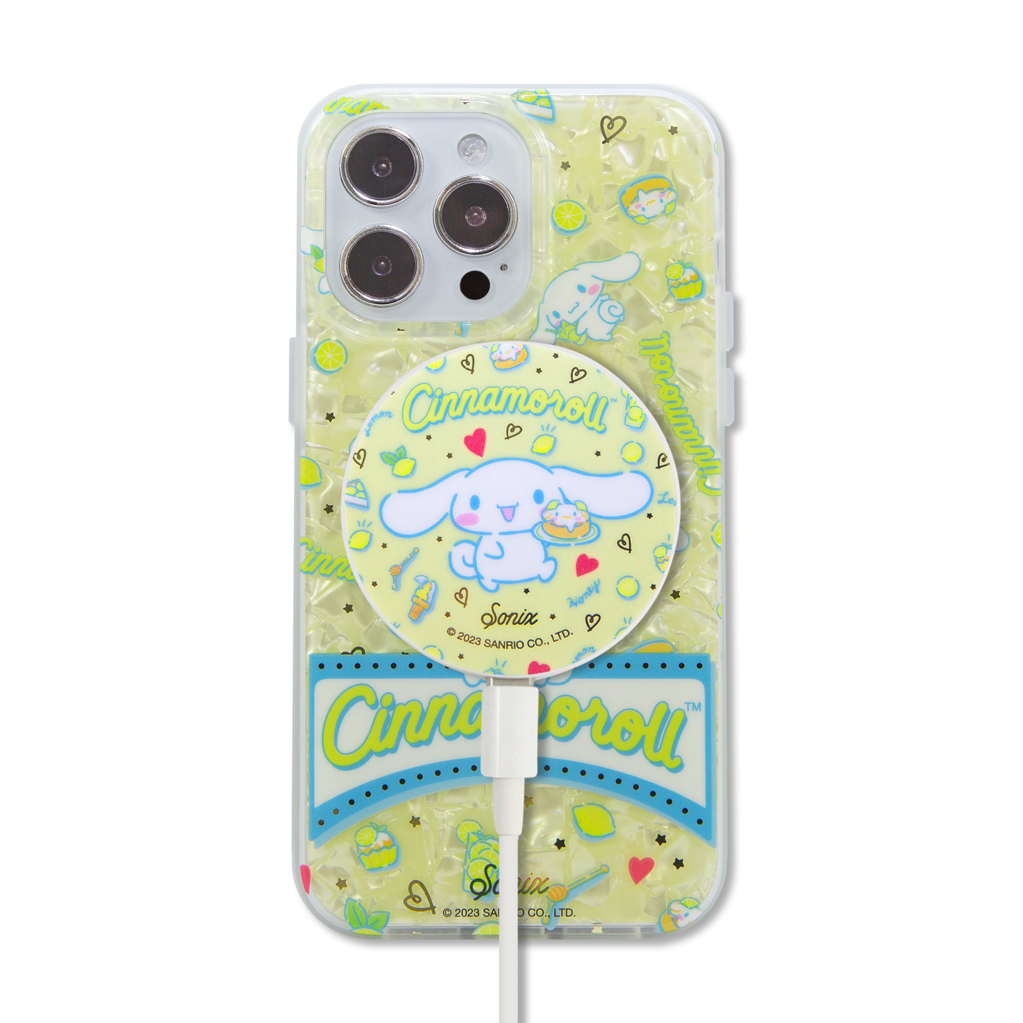 Close-up of the Cinnamoroll x Sonix Lemon Sweets Maglink wireless charger showing the yellow tortoise print and magnetic disk