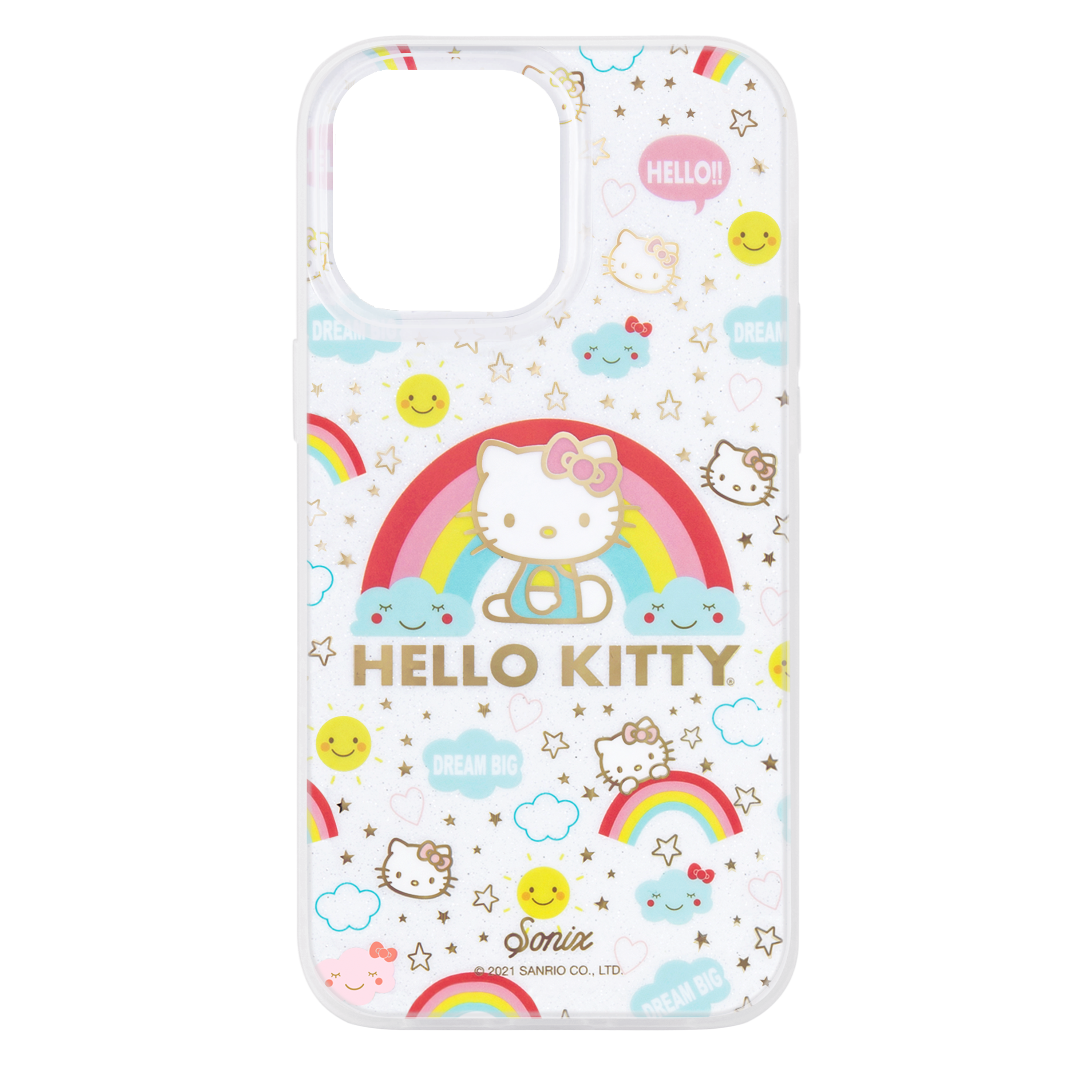Cosmic Hello Kitty iPhone case with MagSafe compatibility, showing silver glitter finish