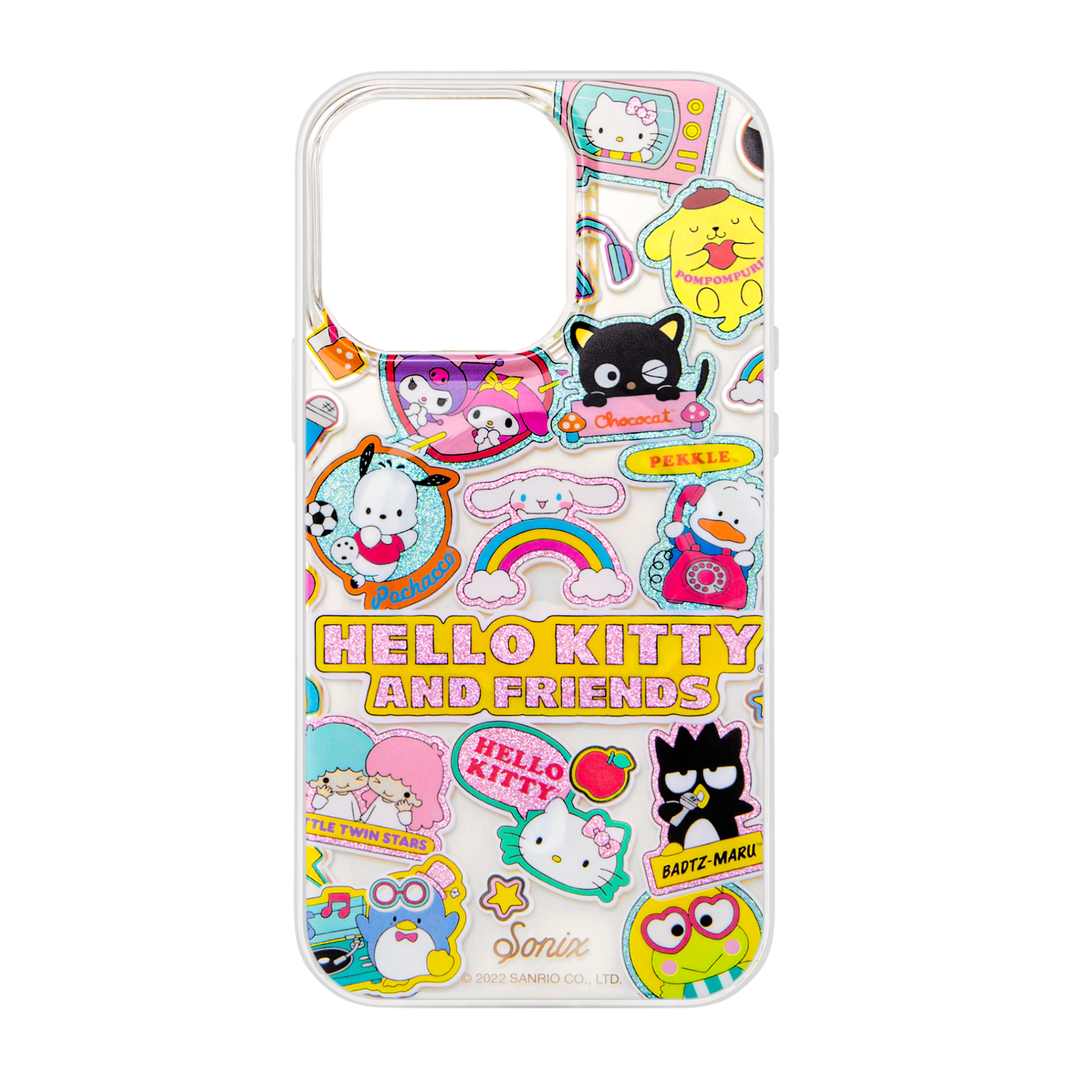 Hello Kitty MagSafe case on iPhone 15, showing Sanrio character stickers.