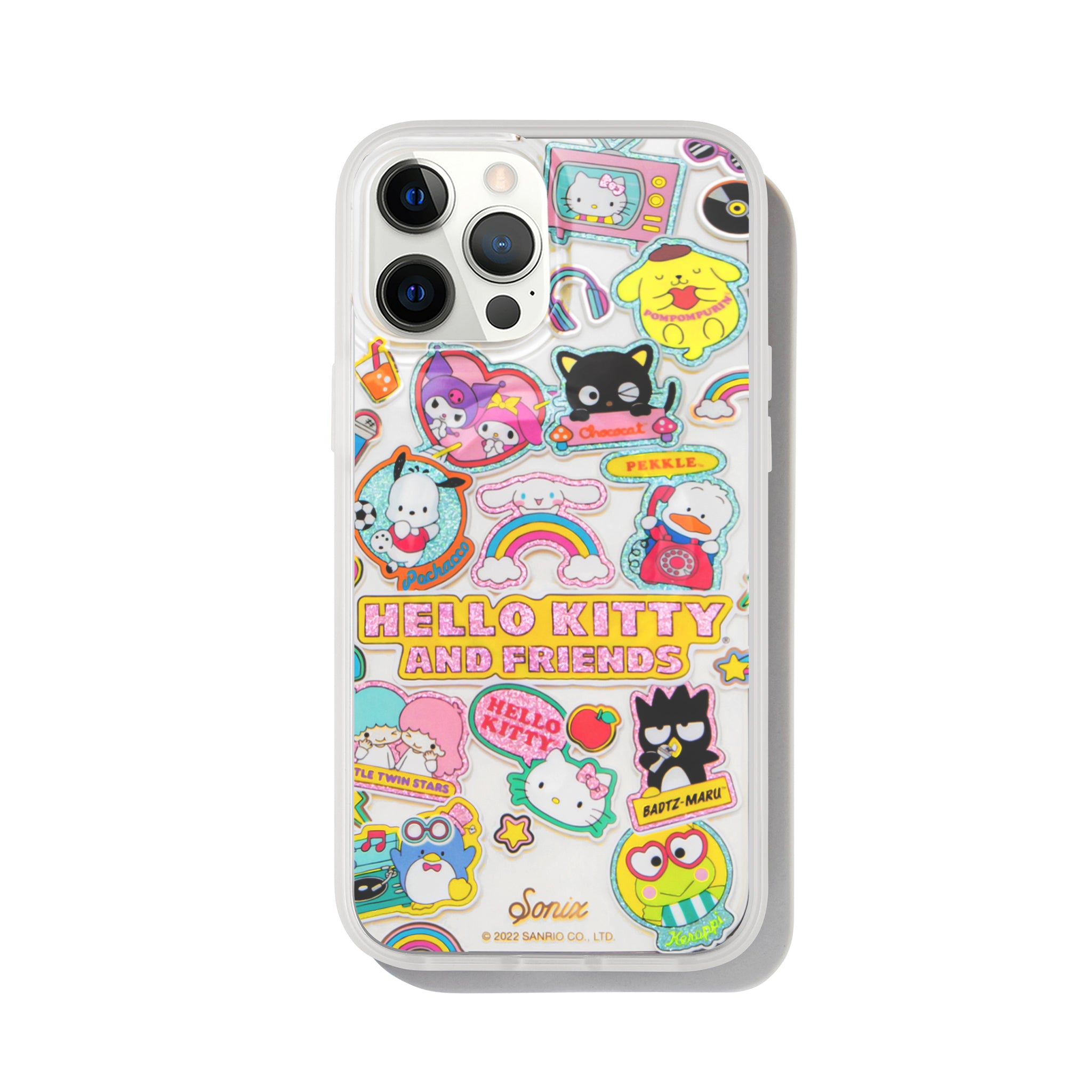 Front view of Hello Kitty MagSafe iPhone case with glitter detailing