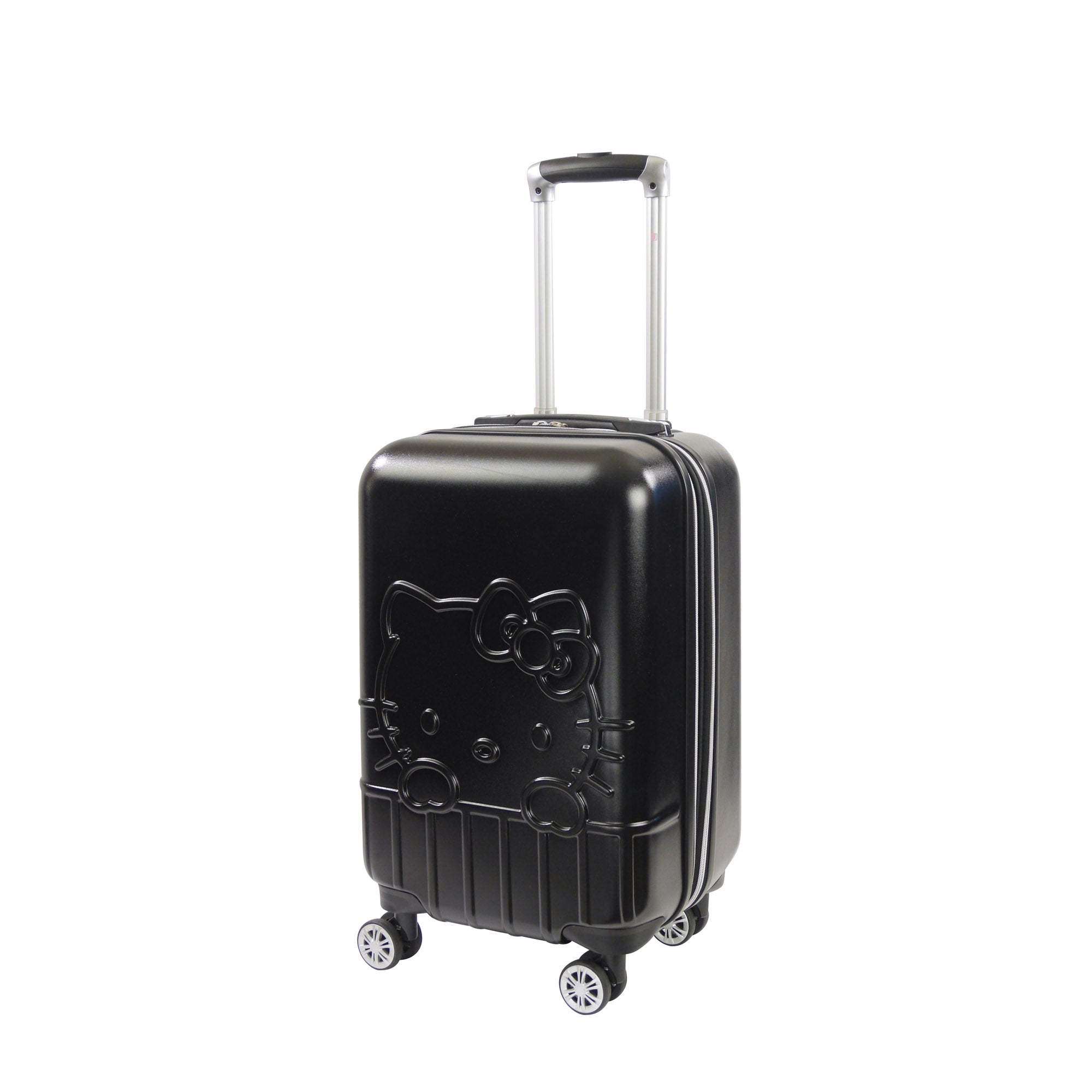 Black Hello Kitty hardshell carry-on with 8 wheels and Hello Kitty luggage tag, ready for travel.