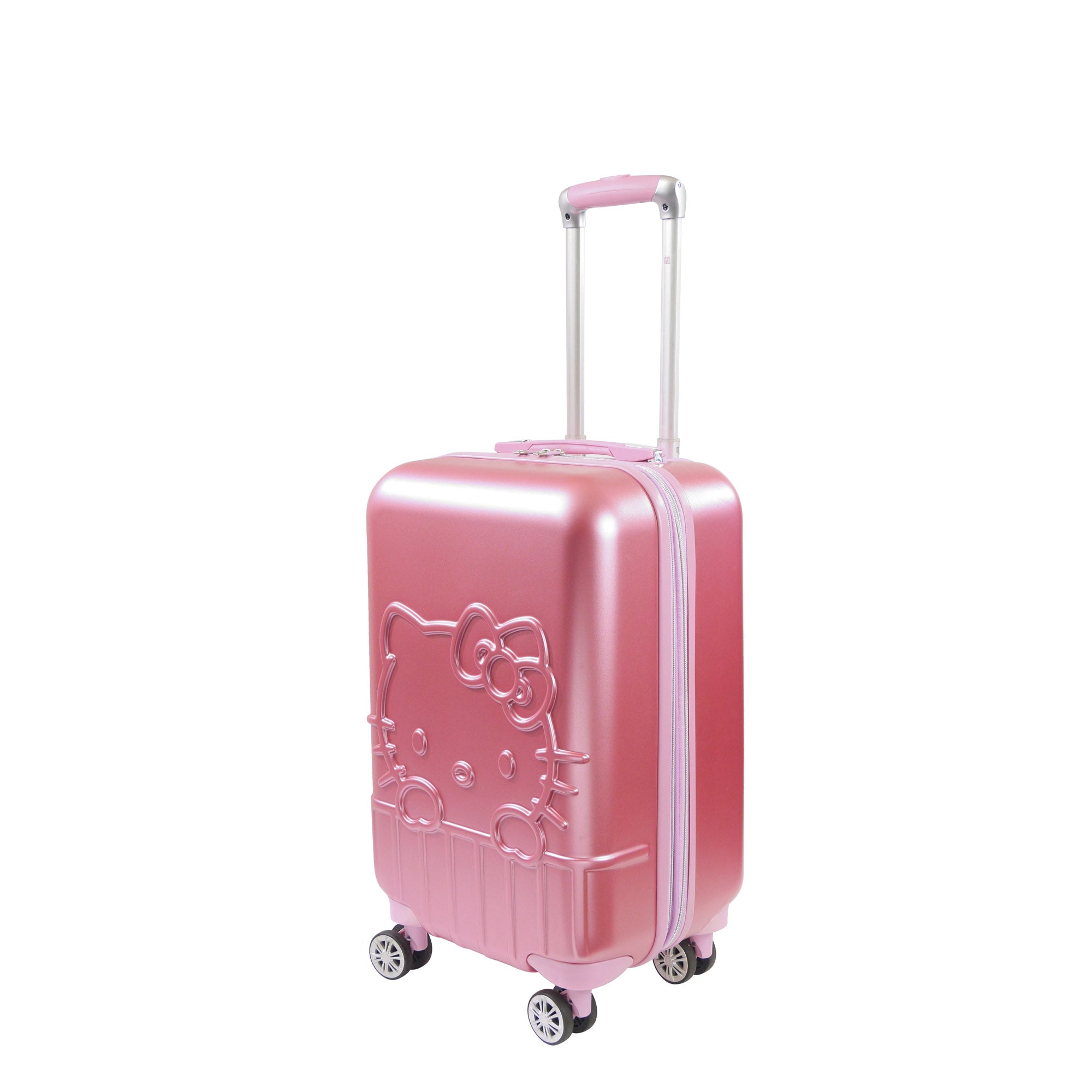 Hello Kitty carry-on luggage in pink, showcasing its hardshell design and 8 spinner wheels.