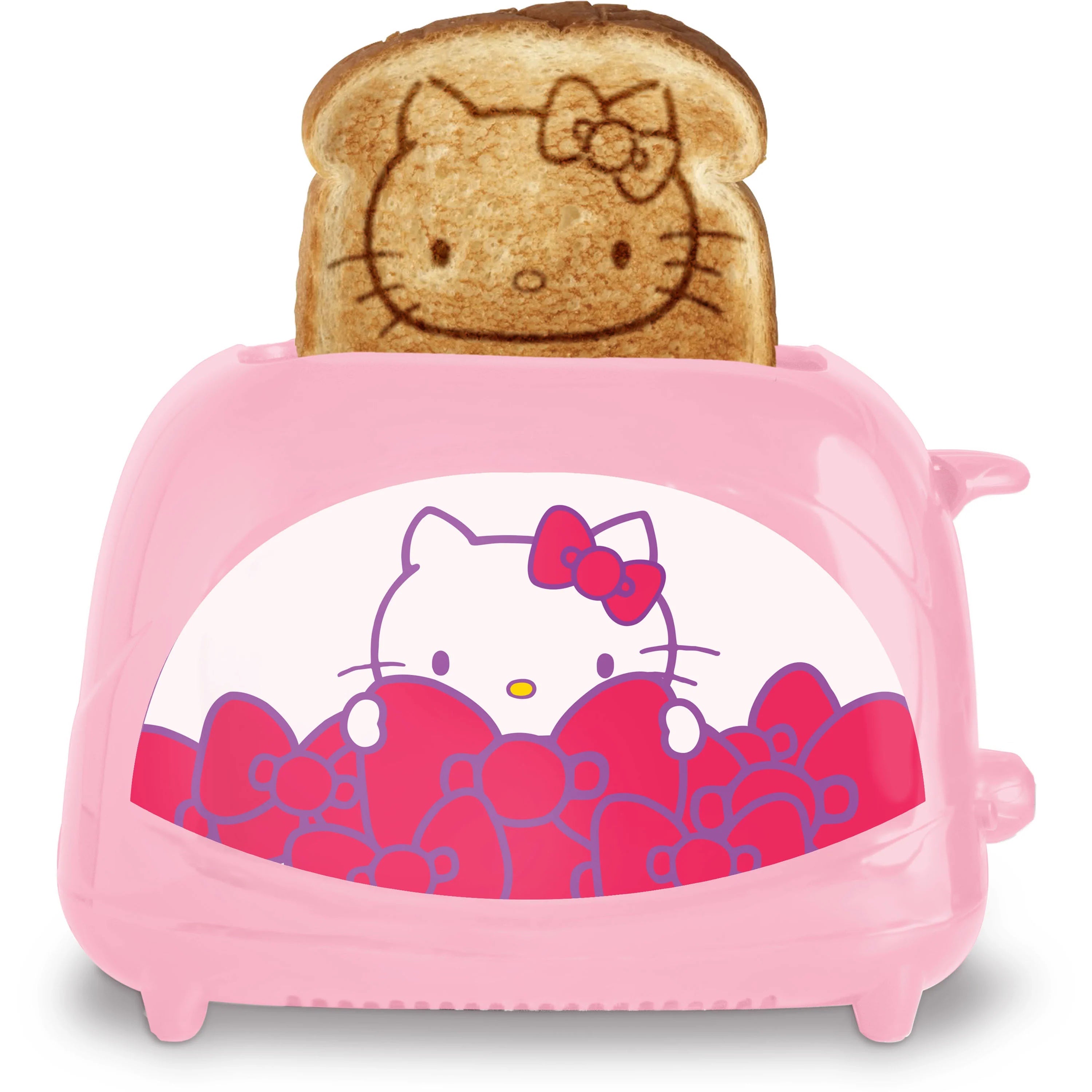 Pink Hello Kitty toaster with two slots on a kitchen countertop, ready to toast bread