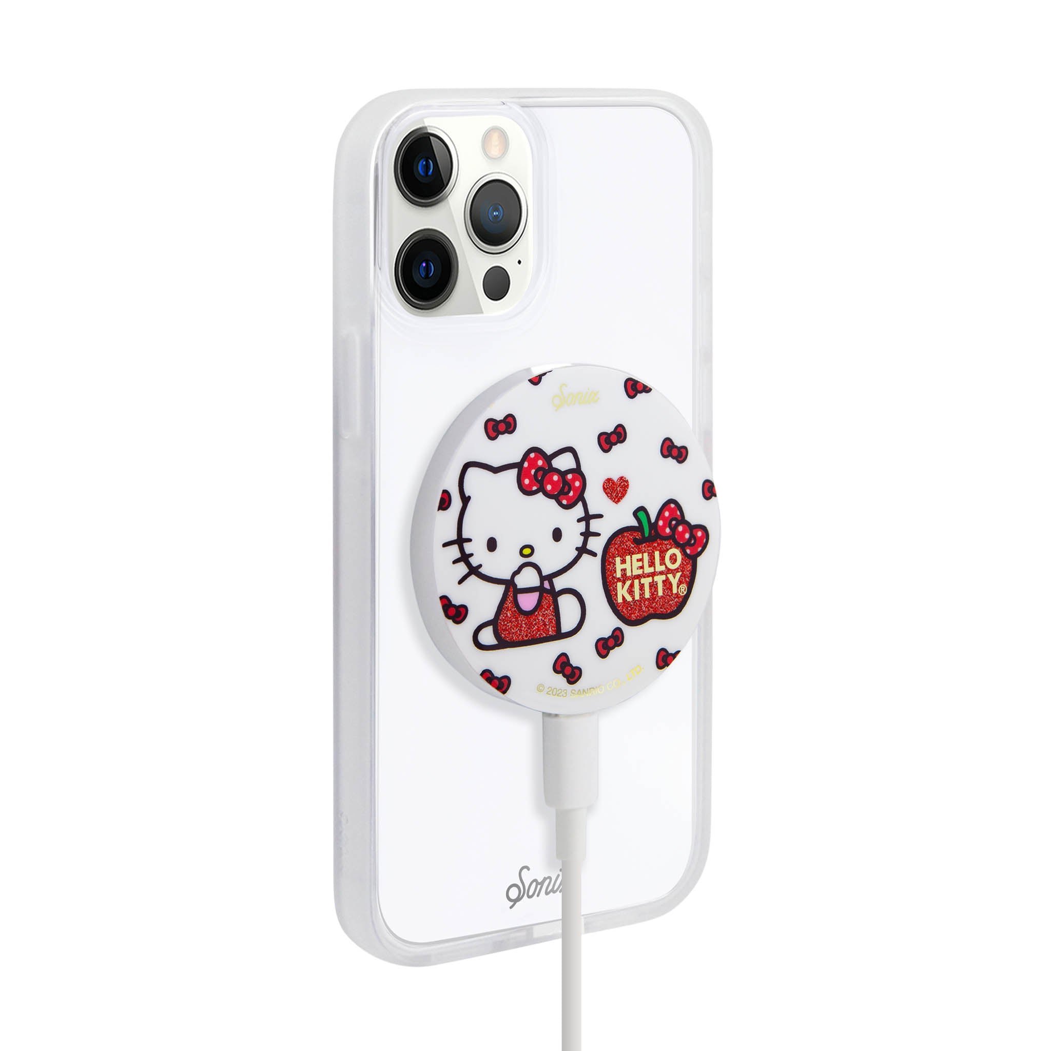 Close-up of Hello Kitty Magnetic Wireless Charger on a desk.