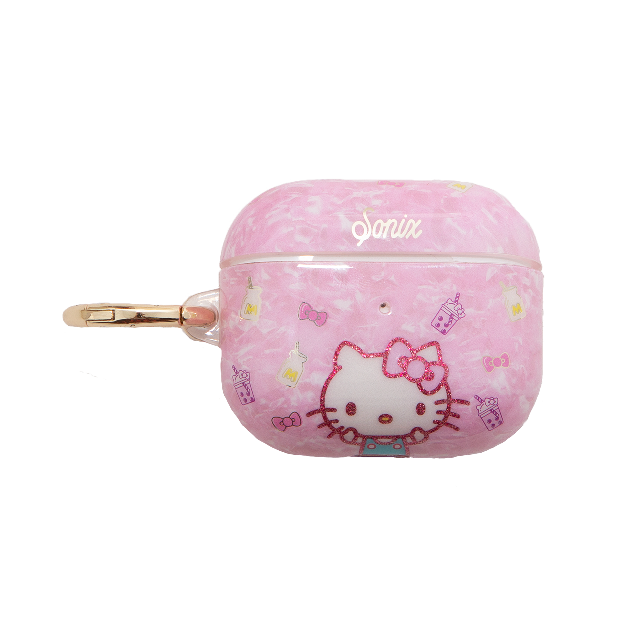 Close-up of Hello Kitty AirPods case showing glitter details and snap hook