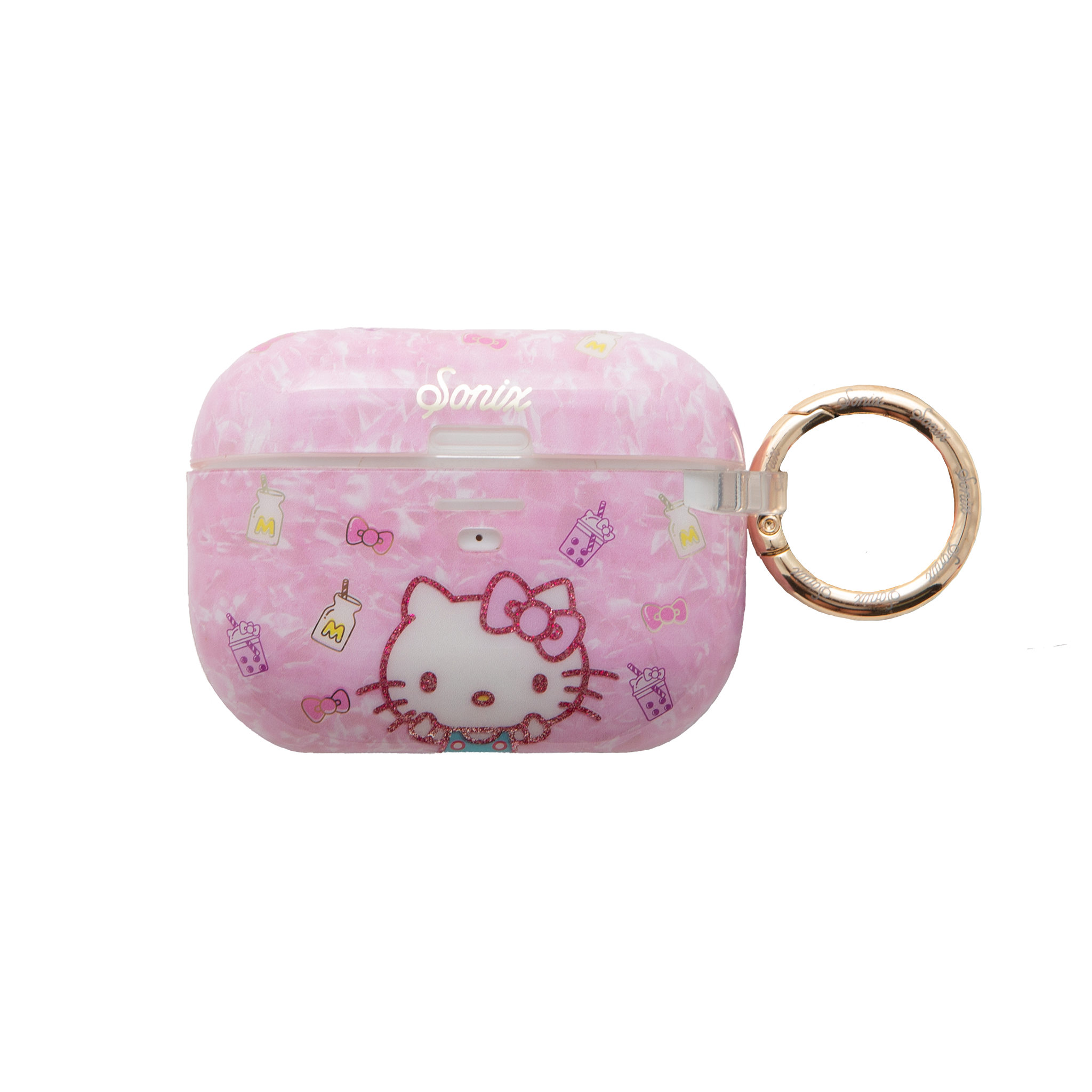 Hello Kitty boba case attached to a backpack strap for on-the-go use