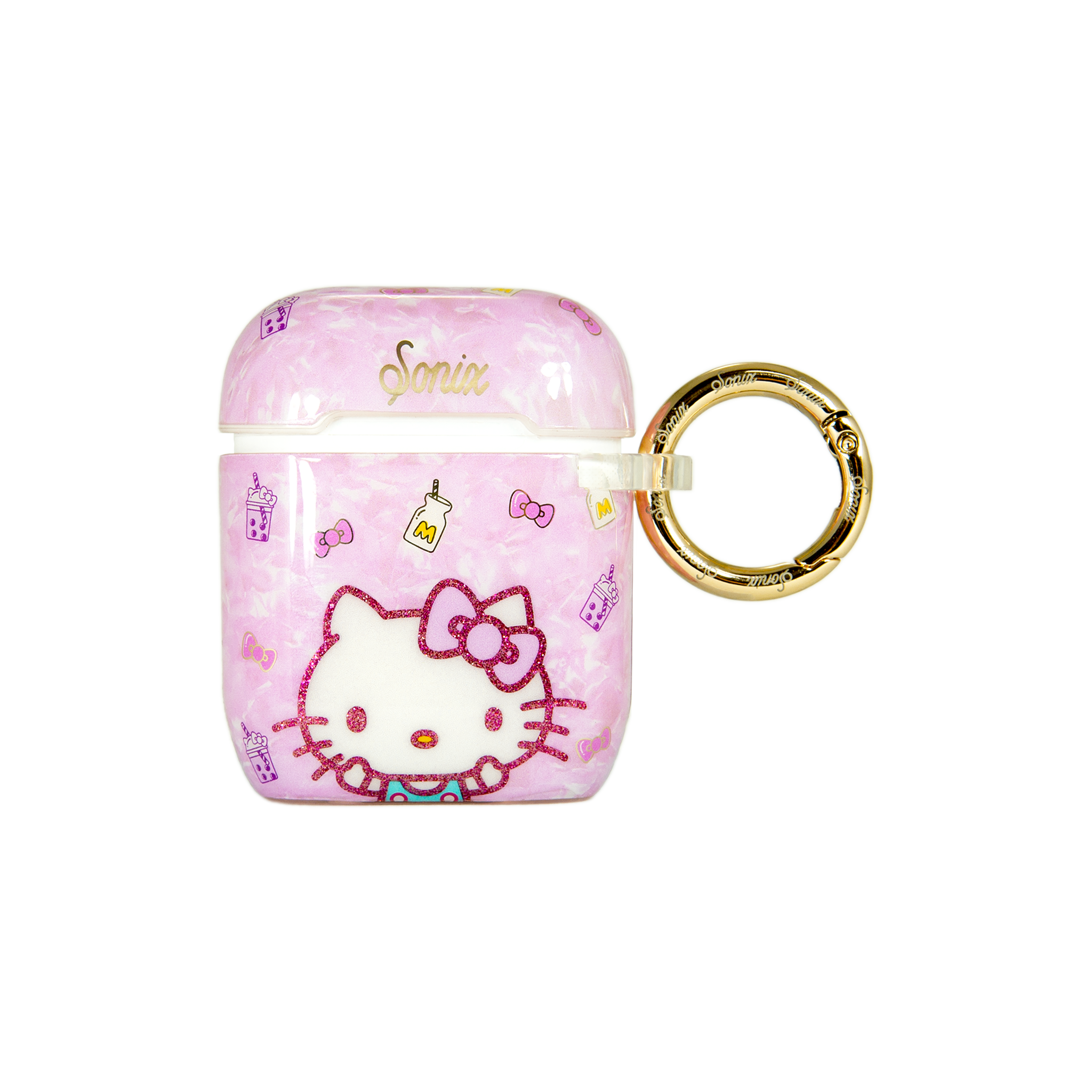 Front view of Hello Kitty AirPods case showing boba tea design
