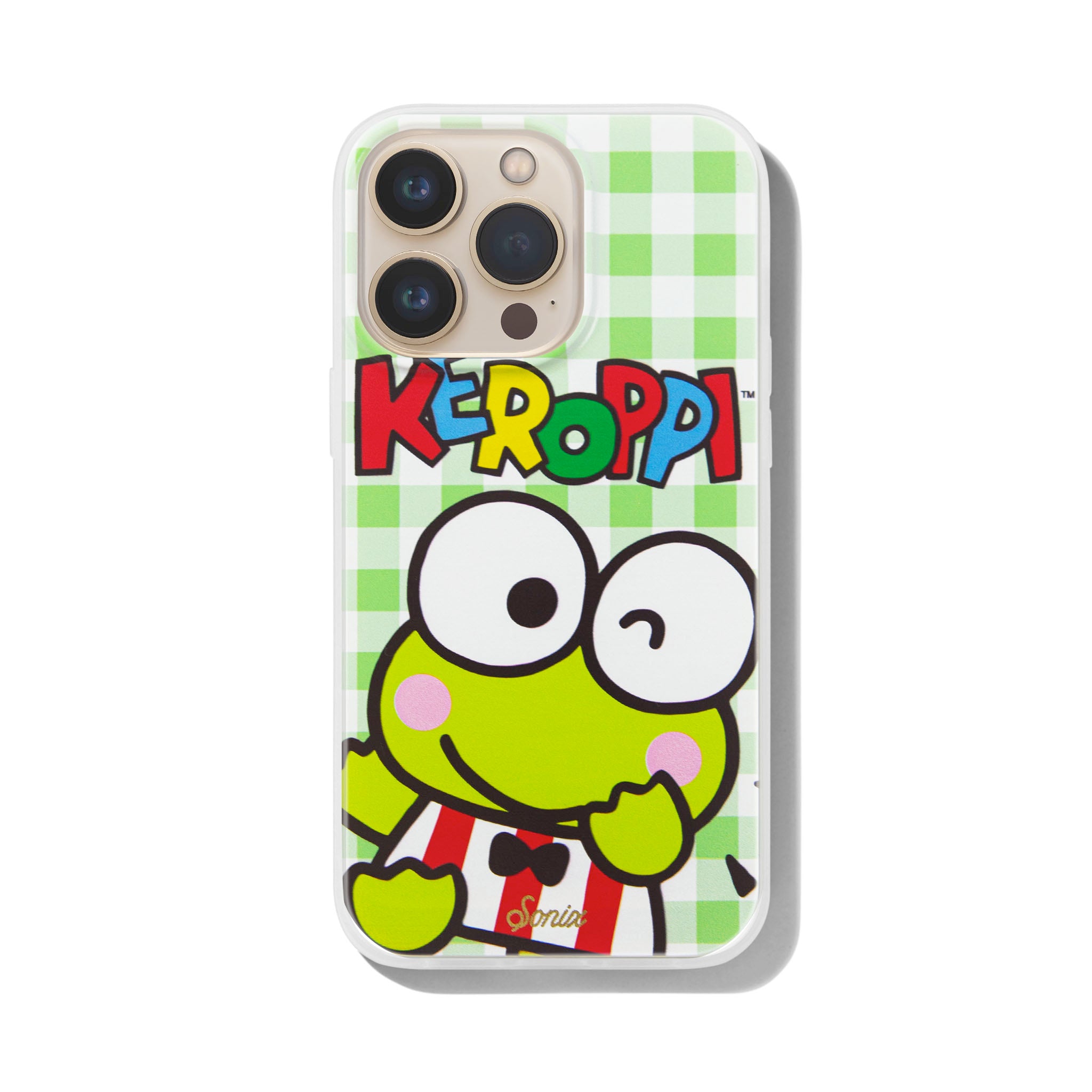 Front view of Keroppi MagSafe iPhone case with colorful design.