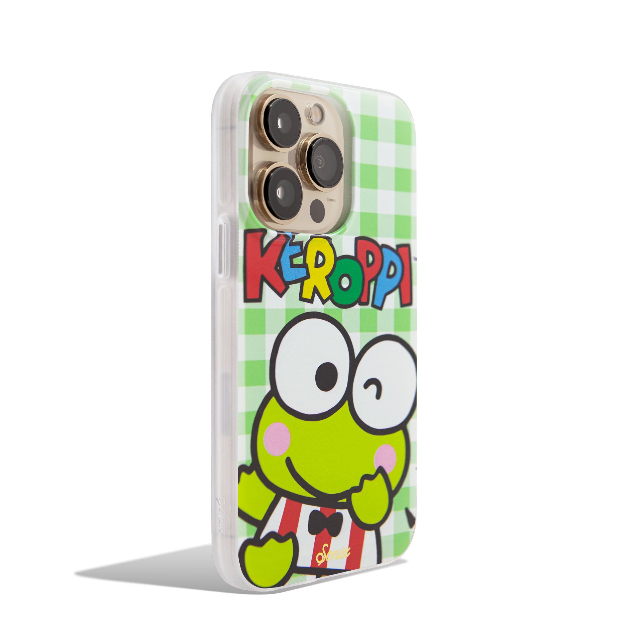 Side angle of the Keroppi case highlighting its raised edges.