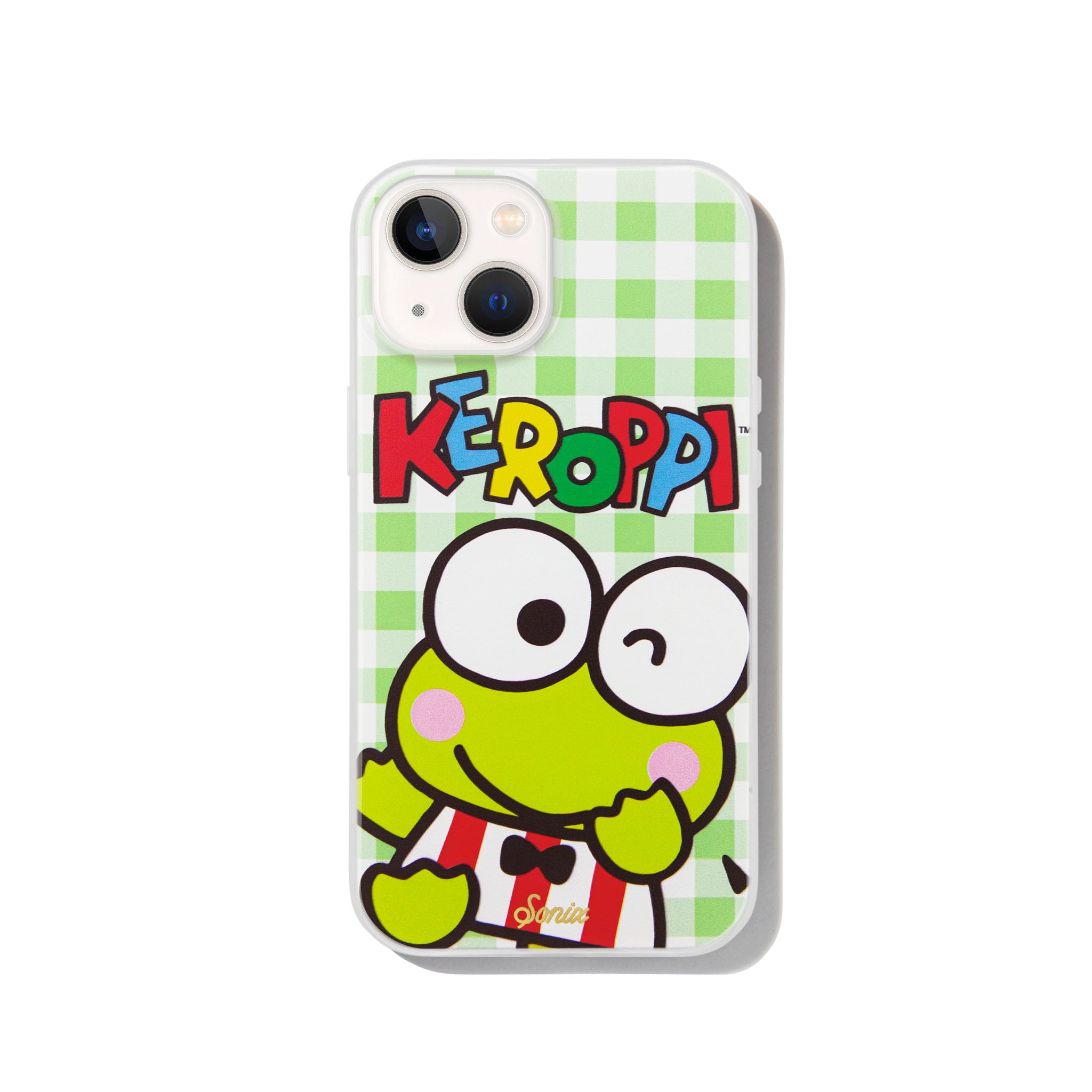 Front view of Keroppi MagSafe compatible phone case on a wooden table