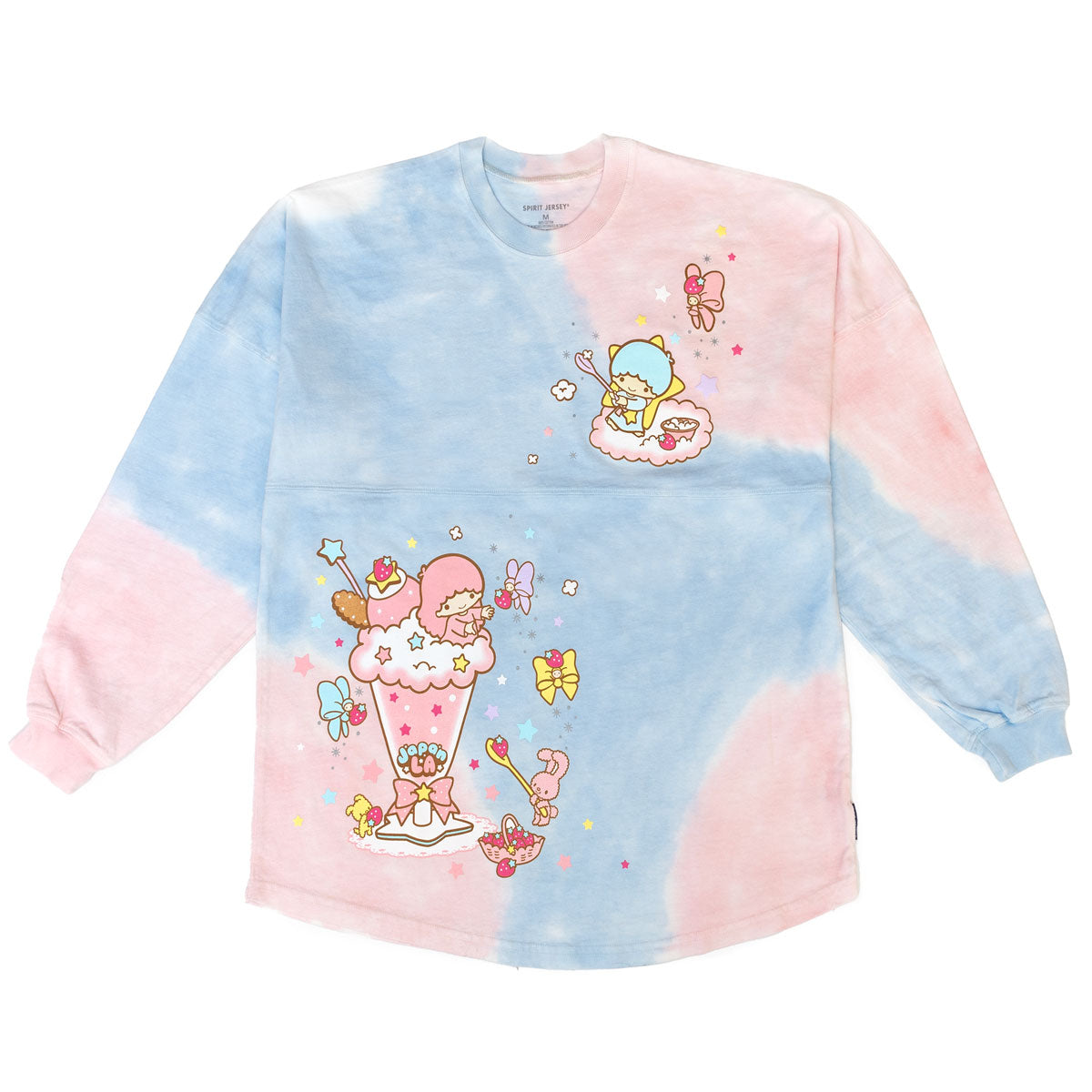 Front view of the tie dye t shirts with Kiki & Lala parfait print, ideal for kawaii clothing lovers.