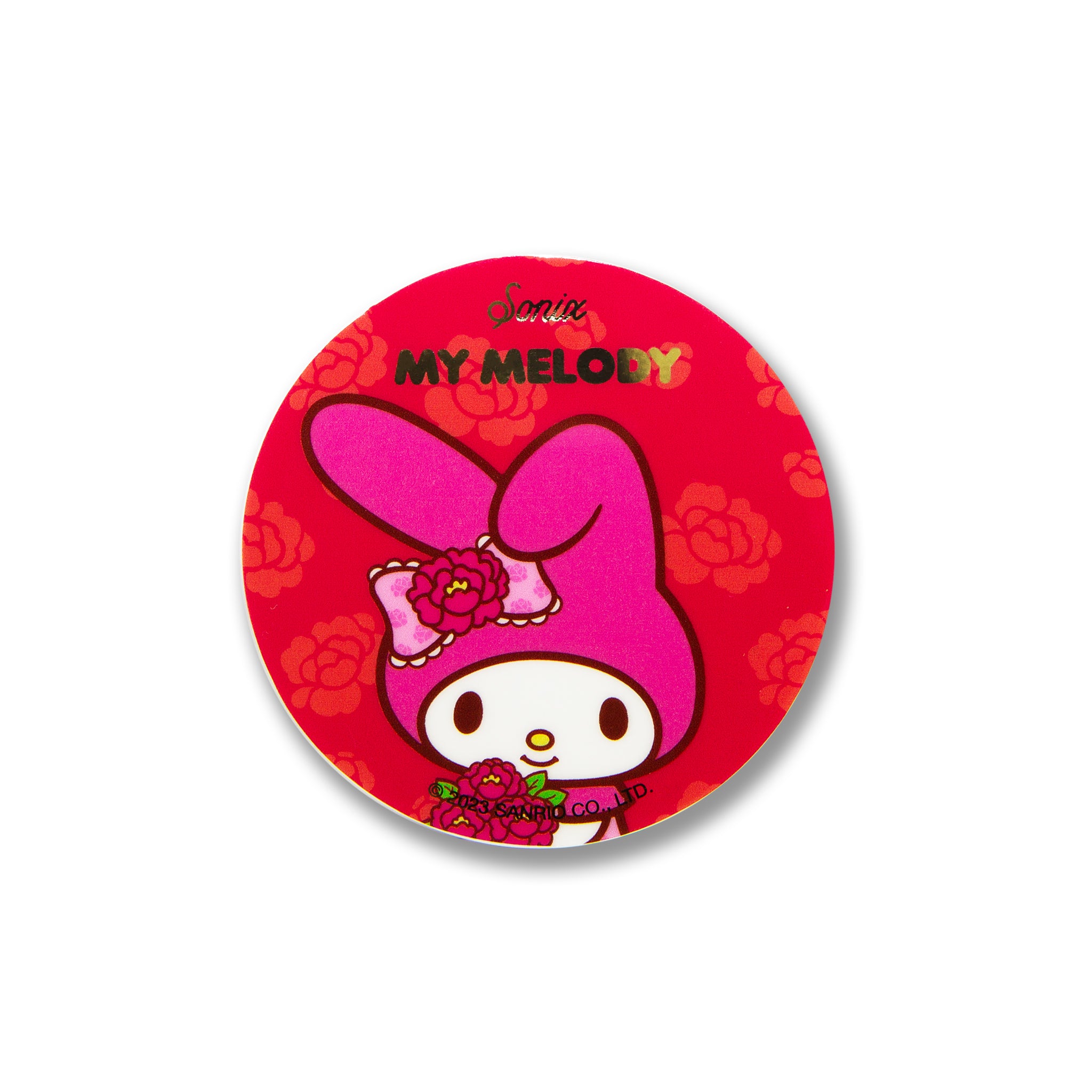 Top view of Sonix Maglink™ Peony charger with My Melody design on a desk