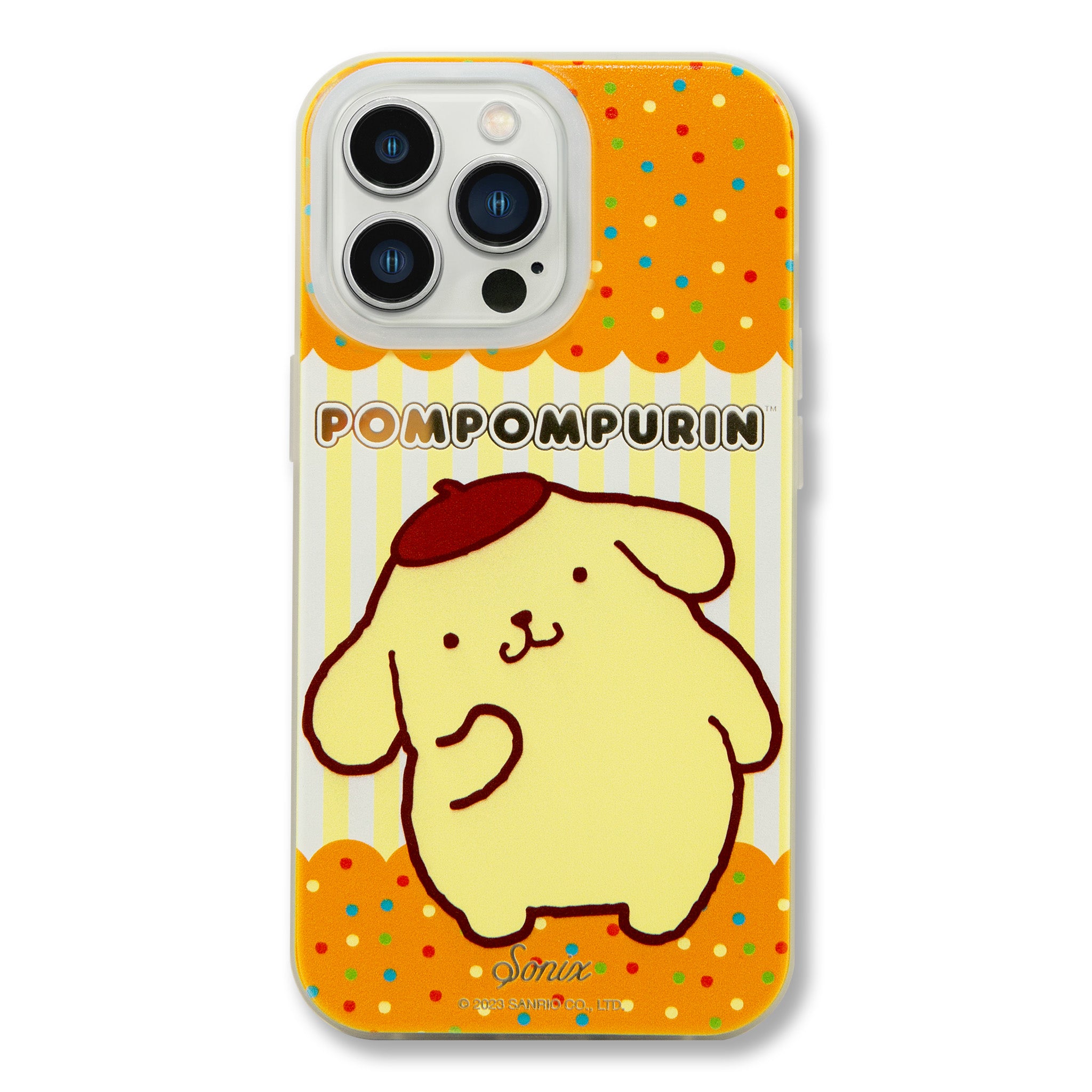 Front view of the Pompompurin iPhone case showing MagSafe-compatible cutouts