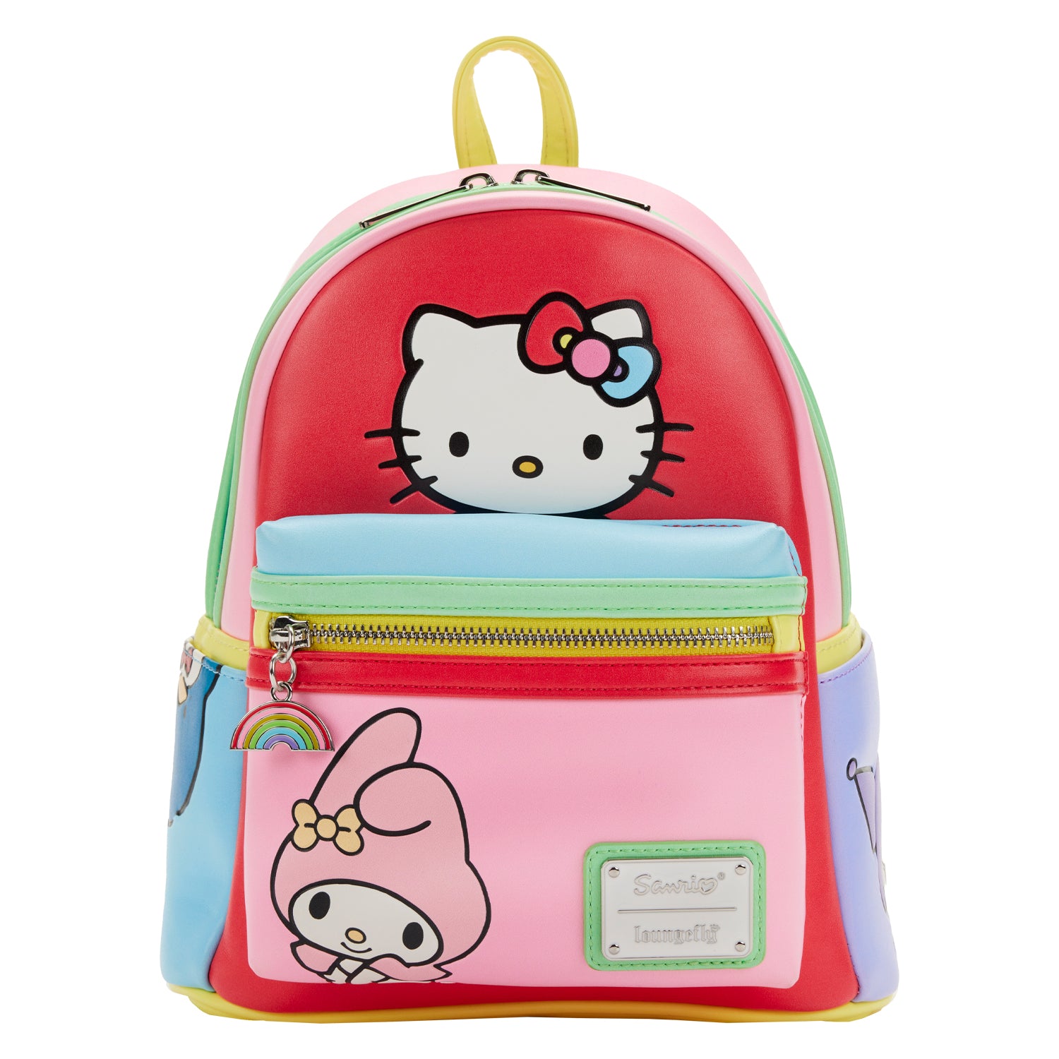 Front view of the mini backpack purse featuring Hello Kitty and friends in color-block design.