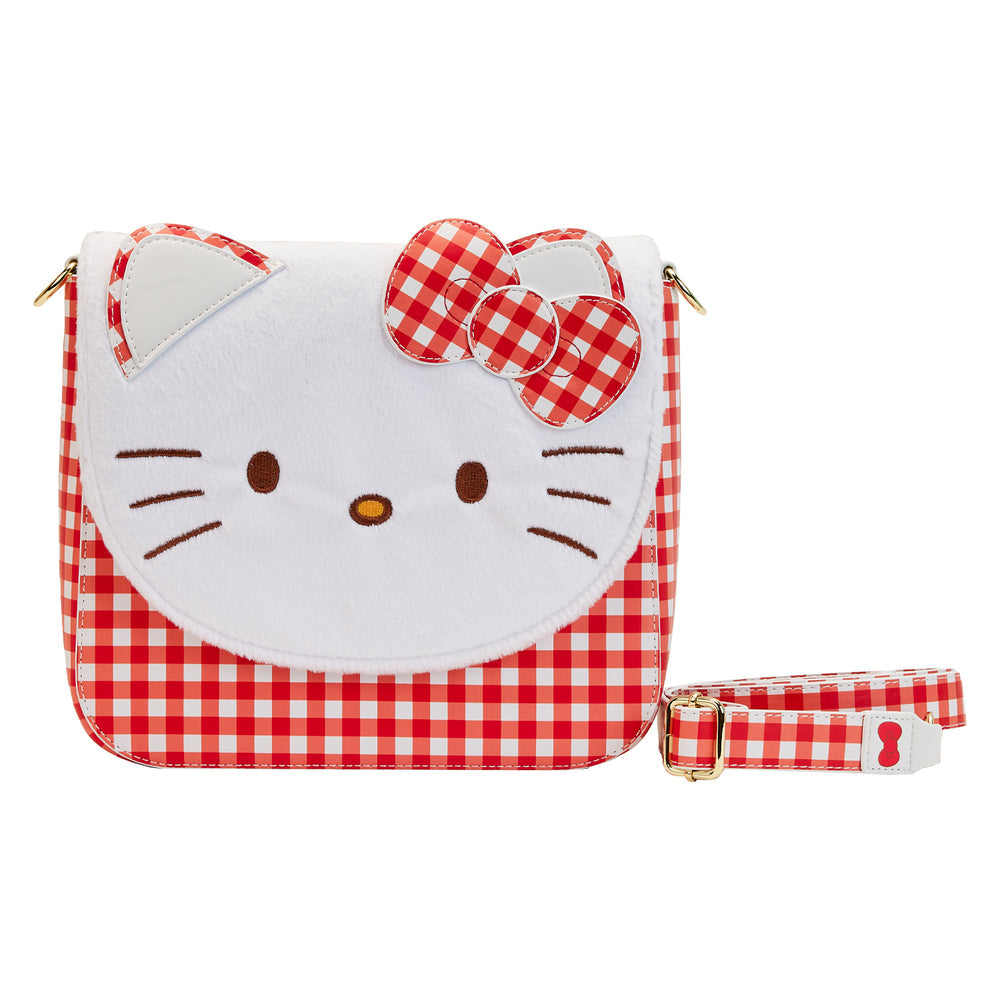 Front view of Hello Kitty Gingham Crossbody Bag showcasing adorable plush face.