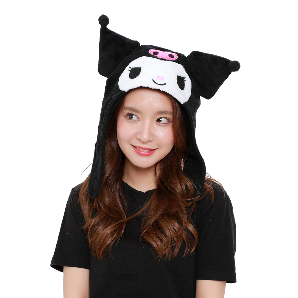 Front view of Kuromi plush hat showcasing embroidered details
