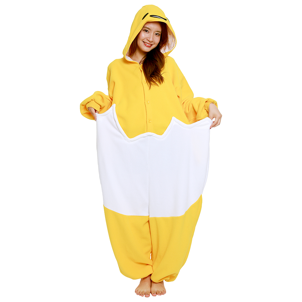 Close-up of Gudetama onesie hood showing embroidered face details