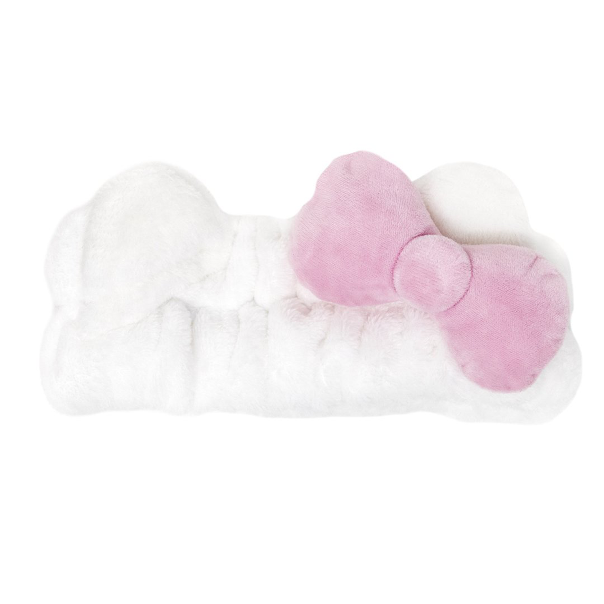 Front view of the pink Hello Kitty spa headband with bow details.