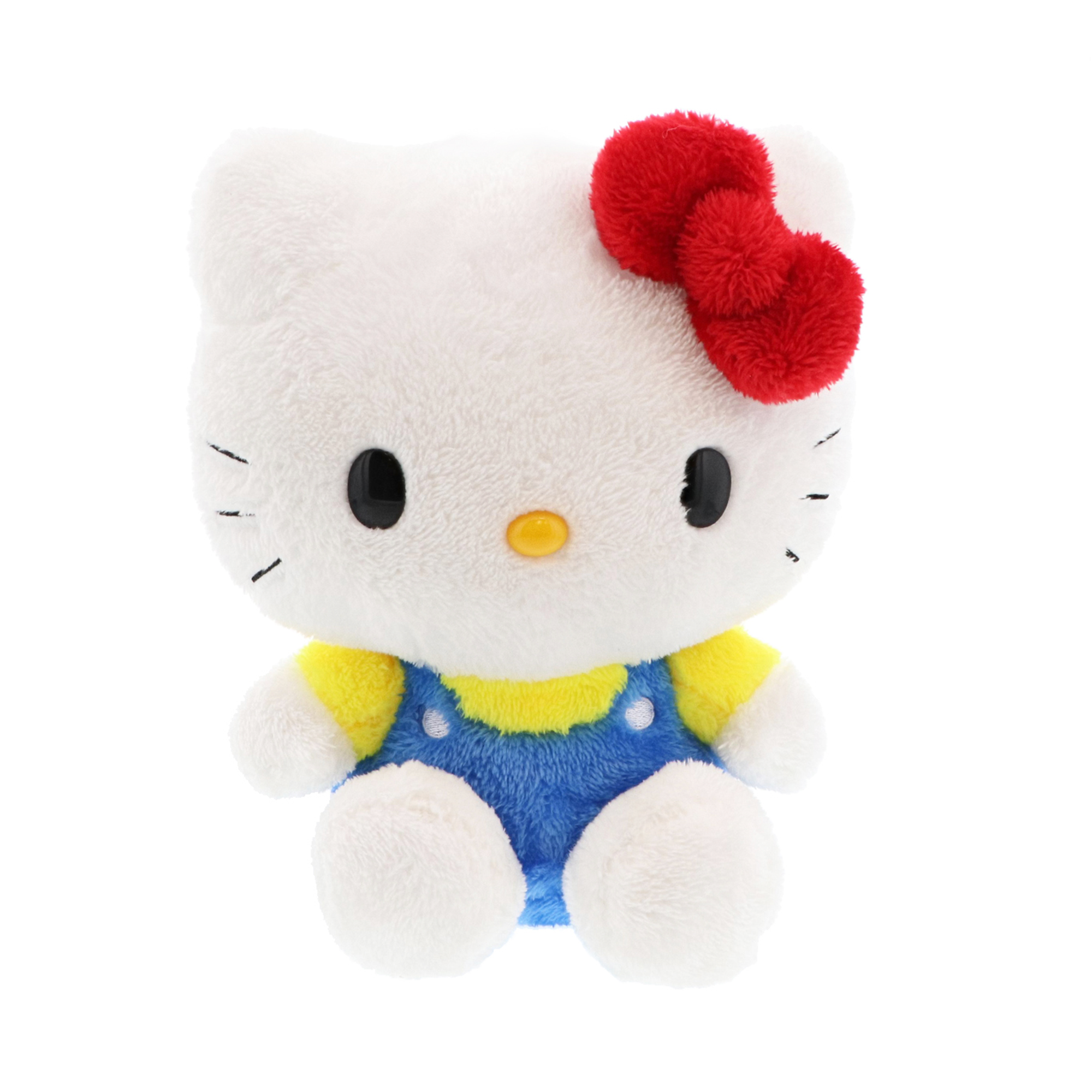 Hello Kitty Graduation Plush front view, showcasing her blue overalls and cute facial expression