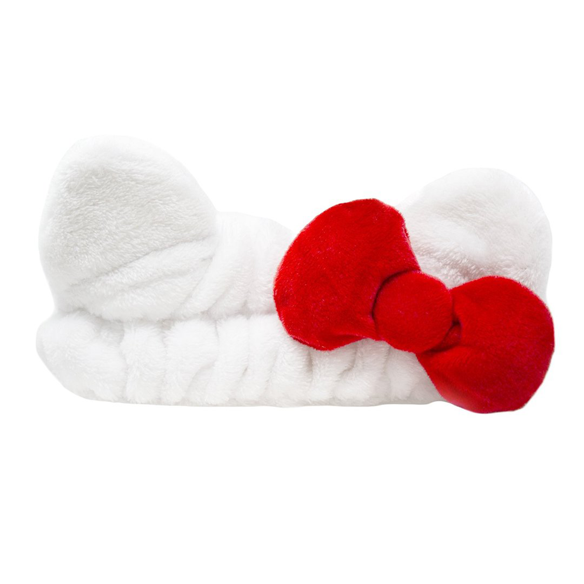 Front view of Hello Kitty spa headband with ear and bow details