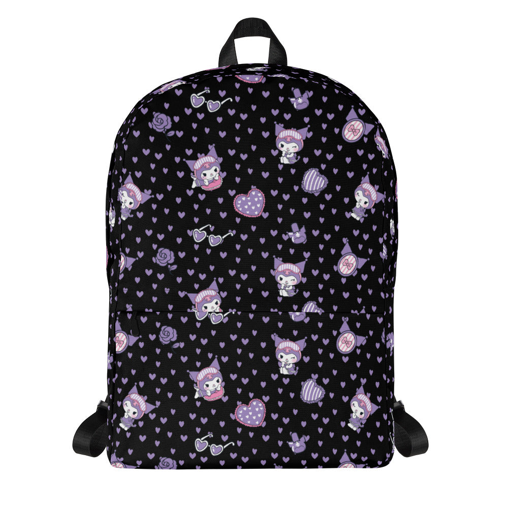 Kuromi backpack with vibrant all-over print, ideal for school use.