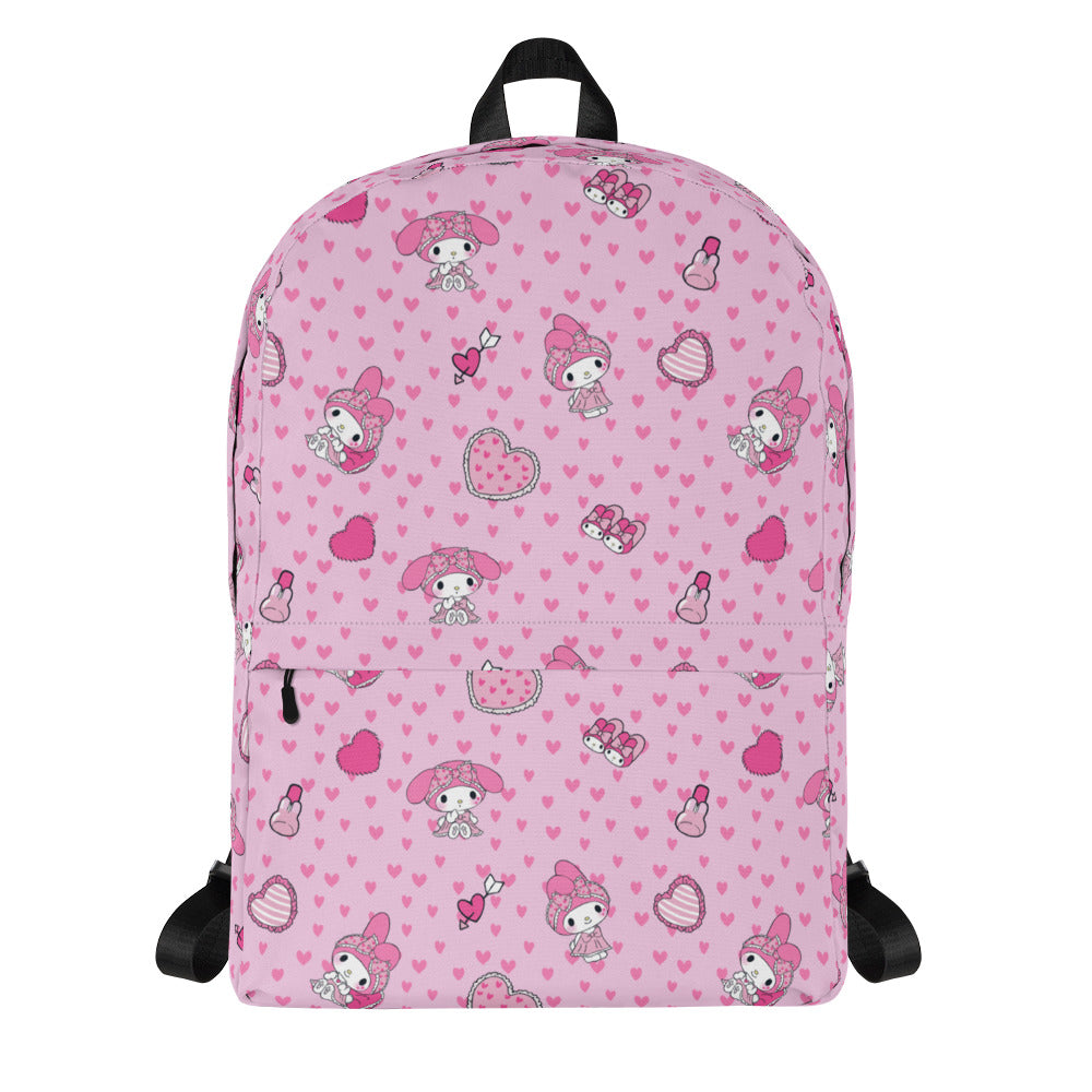 My Melody backpack open, showing laptop compartment and interior pockets