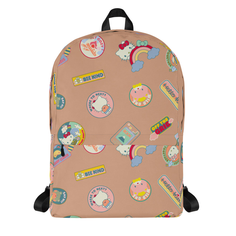 Front view of Hello Kitty Adventure Camp backpack with scout patches and zipper pockets