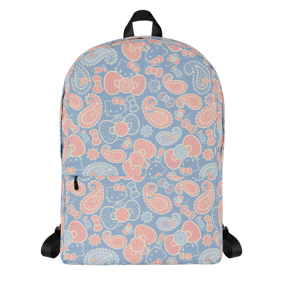 A front view showing the Hello Kitty backpack in paisley print and laptop compartment