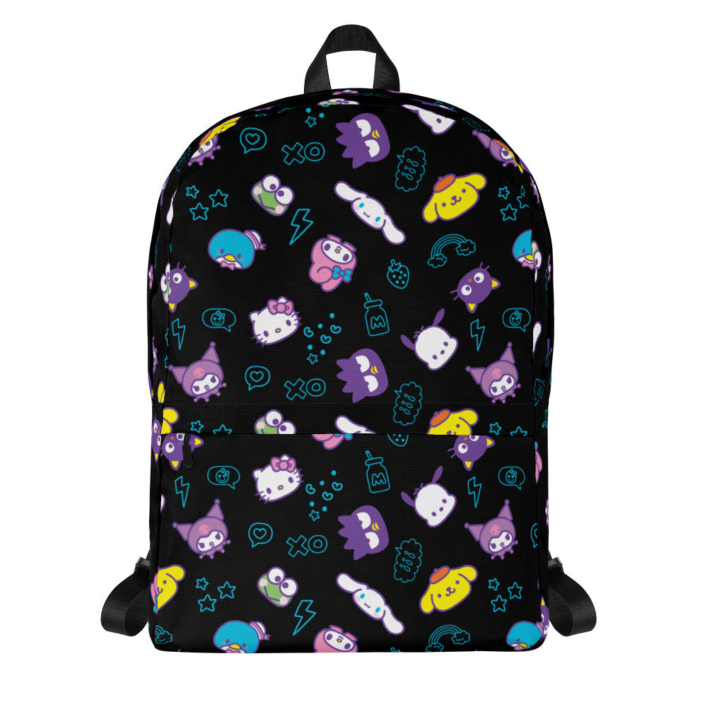 Front view of Hello Kitty backpack with electric doodle print ideal for daily use.