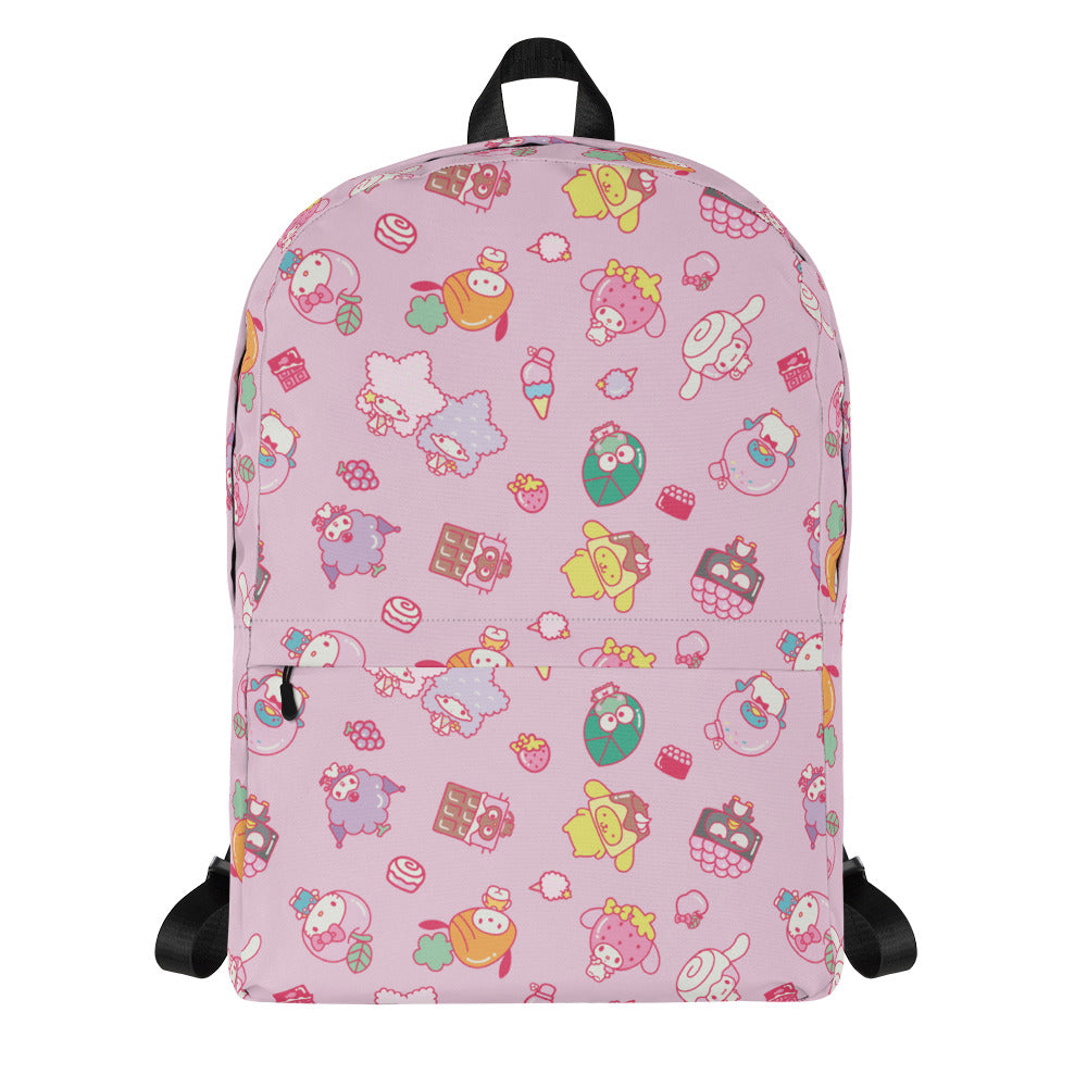 Front view of Hello Kitty laptop backpack with cute design.