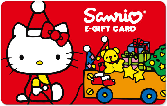 Front-facing Hello Kitty eGift card with holiday-themed background
