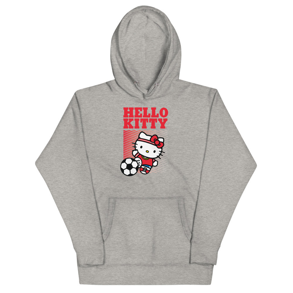 Front view of the Hello Kitty soccer hoodie showcasing the cute design.