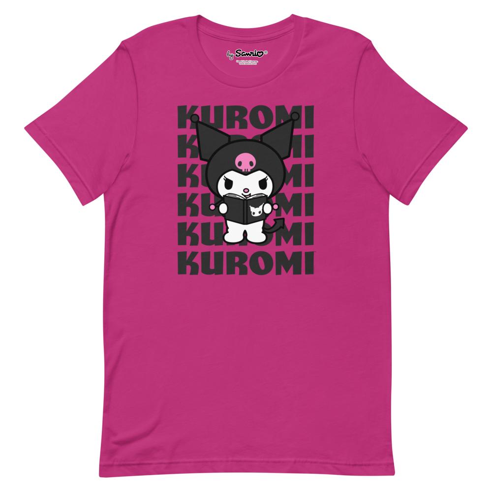 Front view of the berry Kuromi graphic cut-off tee on a model.