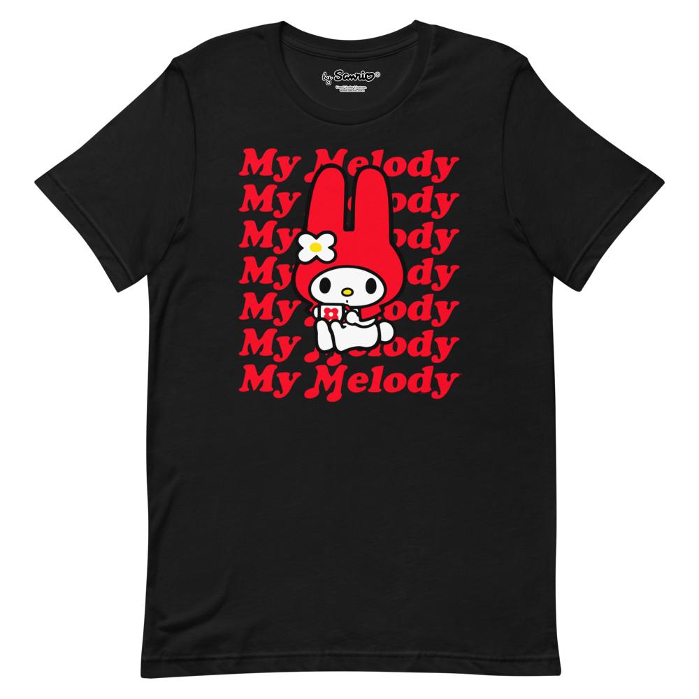 Front view of black cotton T-shirt with My Melody red logo, casual style