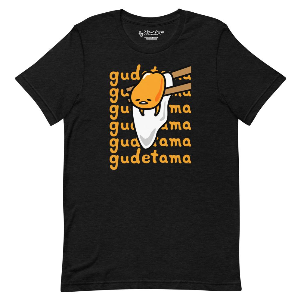 Front view of black Gudetama T-Shirt laid flat showing cartoon design