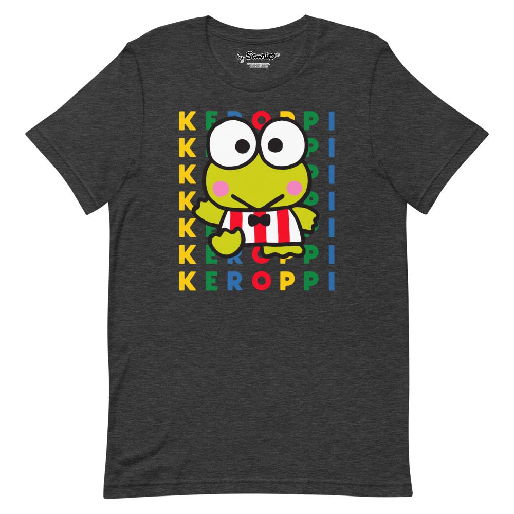 Front view of Keroppi t-shirt styled with jeans and sneakers in an urban Fort Worth setting.