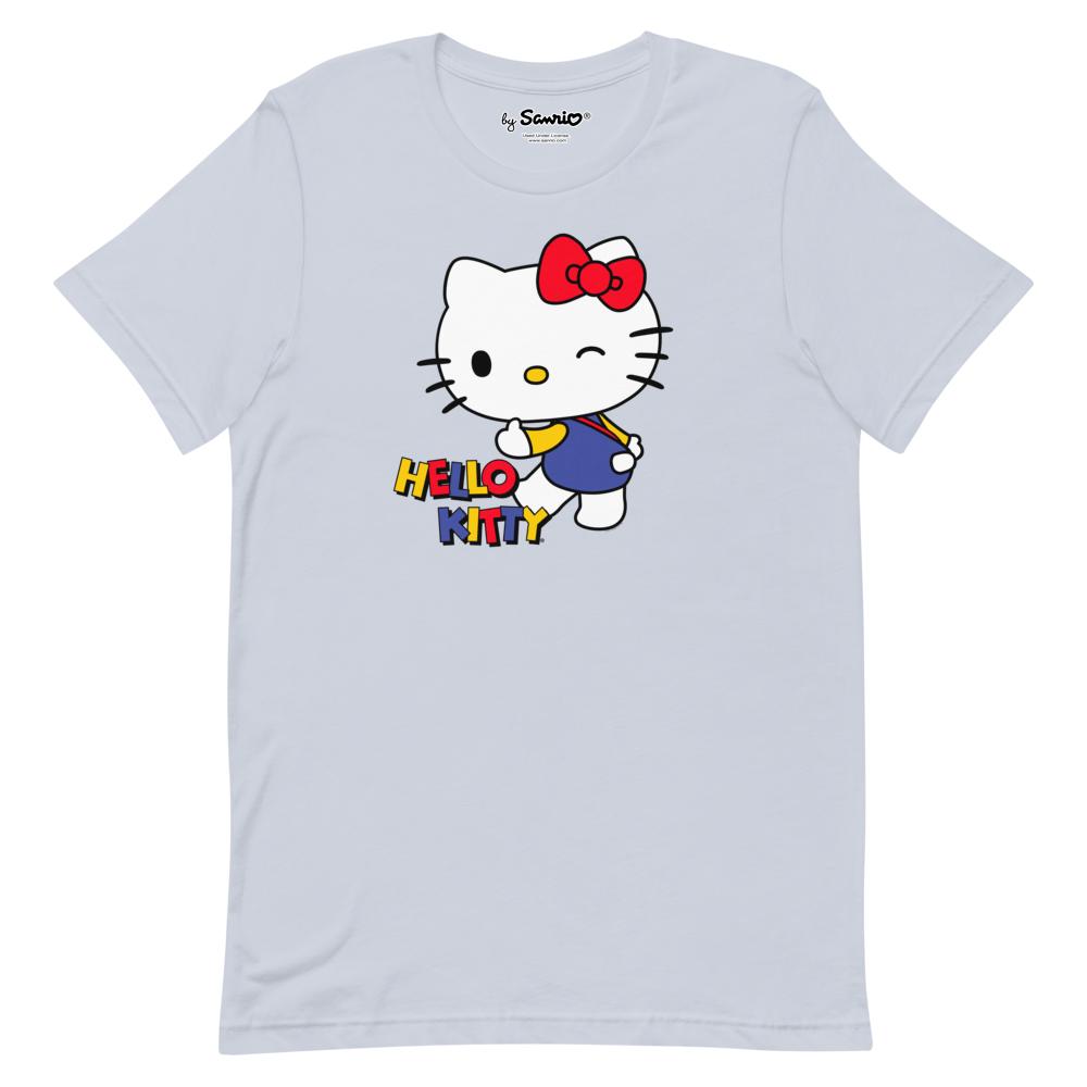 Front view of light blue Hello Kitty t-shirt with logo for casual wear
