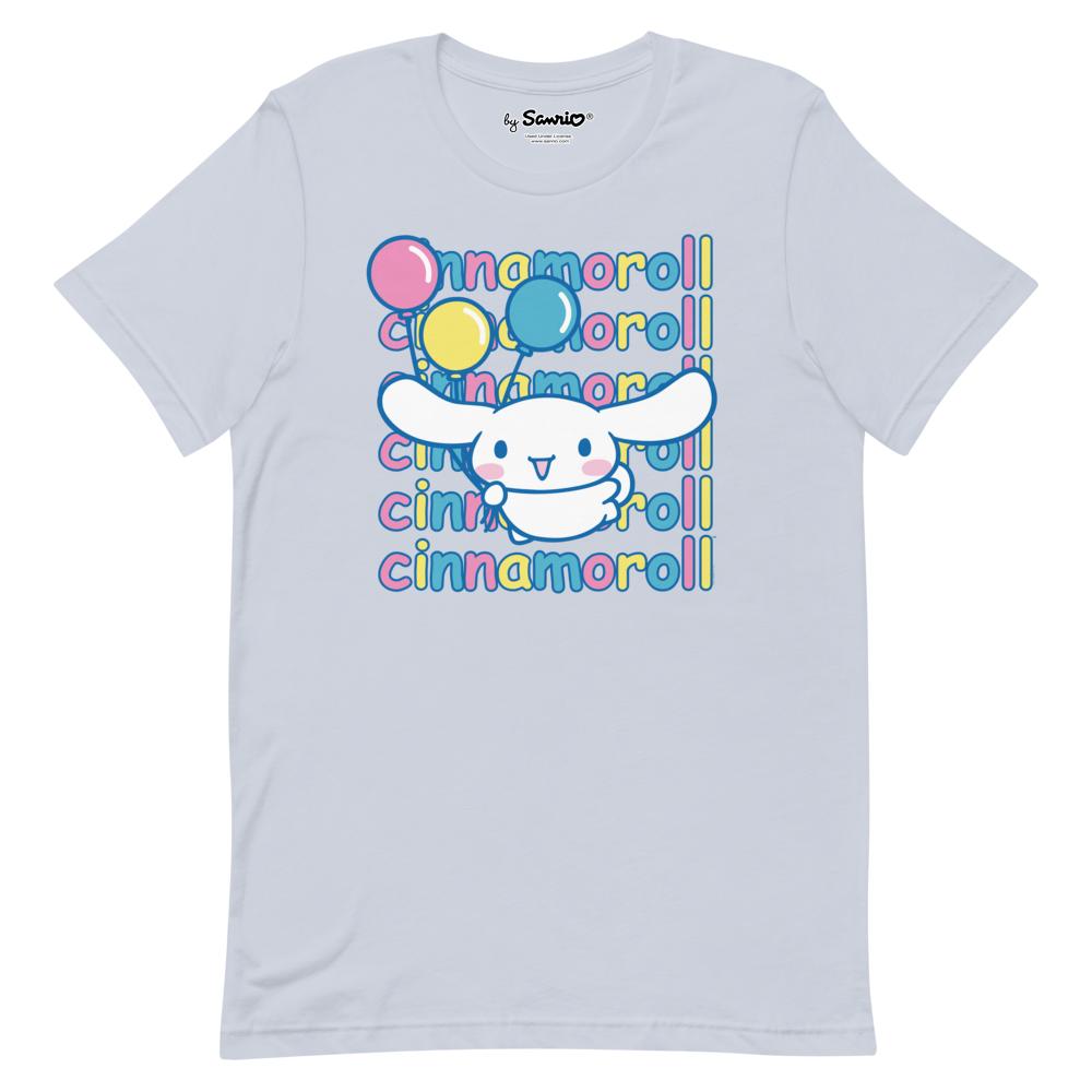Front view of light blue Cinnamoroll Watashi Wa t-shirt on a model.
