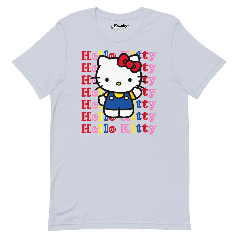 Front view of a light blue Hello Kitty Watashi Wa t-shirt on a mannequin, showcasing the Hello Kitty design.