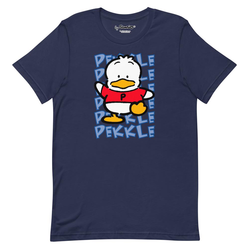 Model wearing navy oversized Pekkle graphic tee in urban street setting