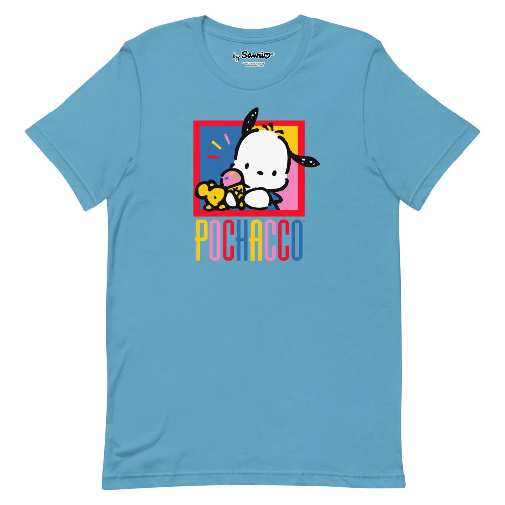 Flat-lay of Sanrio t-shirt showing full Pochacco logo against soft cotton background